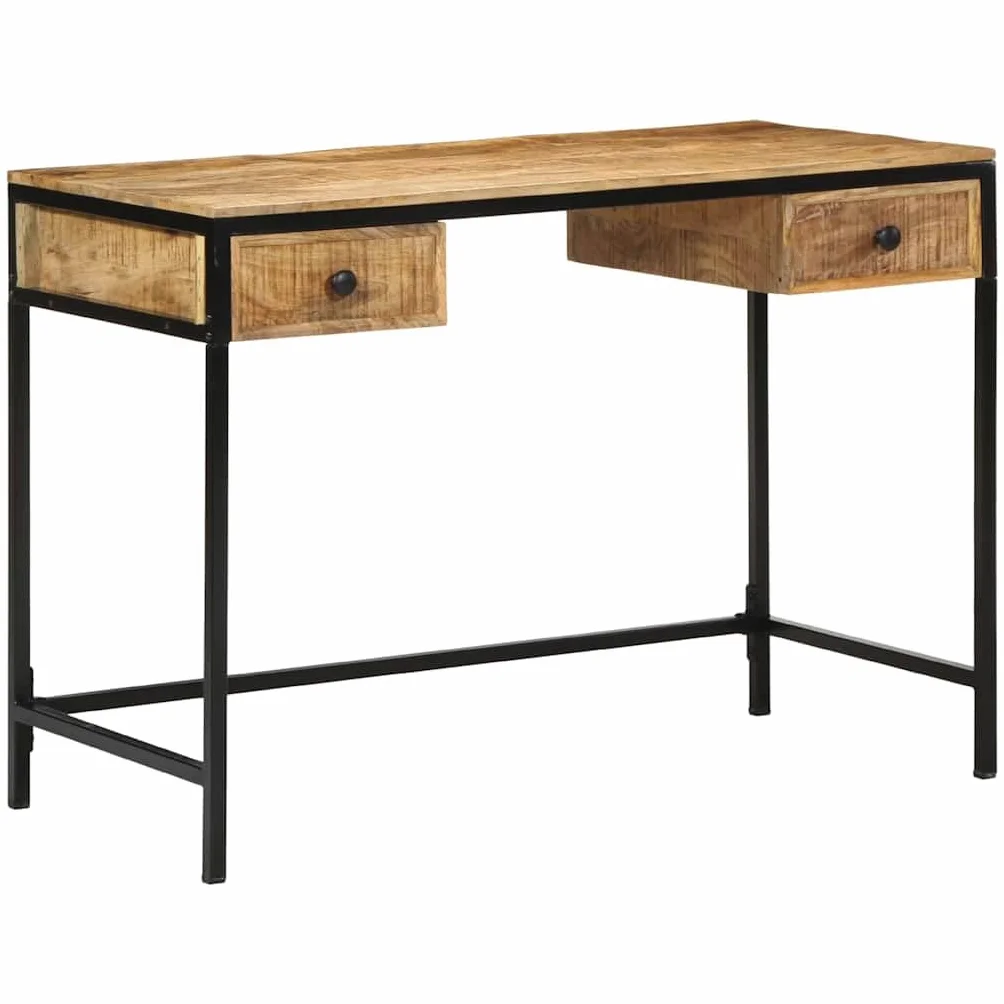 Rustykalne biurko z litego drewna mango z metalową ramą, brązowe 105 x 50 x 75 cm, do sypialni lub gabinetu, z praktycznymi przegródkami na przybory piśmiennicze