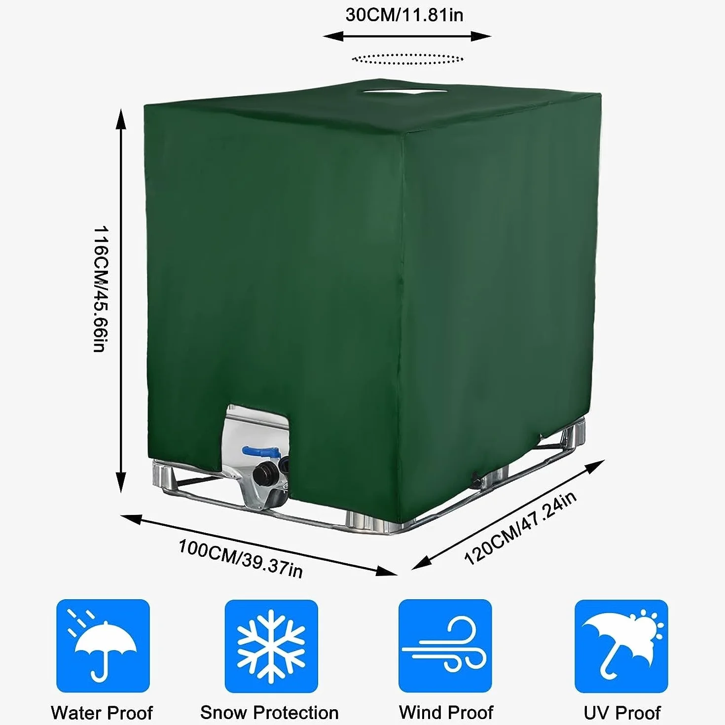 IBC osłona zbiornika na wodę, pyłoszczelna, ochrona przed promieniowaniem UV, plandeka ochronna, nadaje się do zbiornika IBC 1000 l (120 x 100 x 116 cm, zielona)