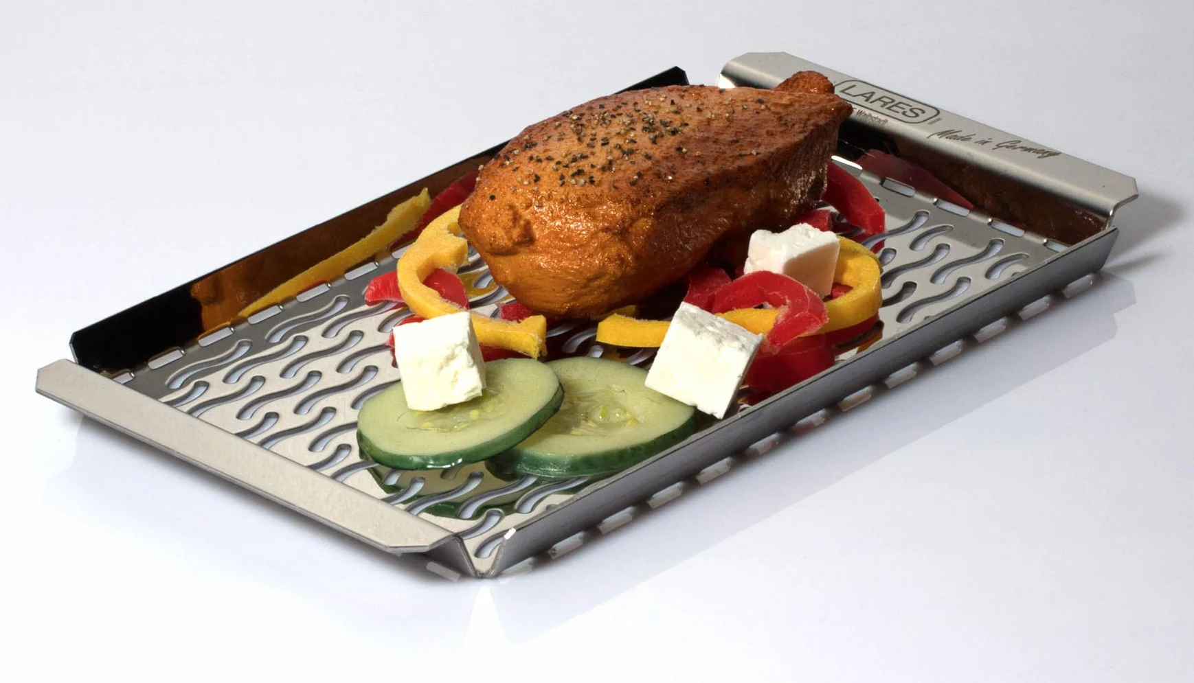 Lares Taca do grillowania ze stali nierdzewnej, 20 x 11 x 1 cm, z otworami, wielokrotnego użytku, odporna na rdzę, do grilla gazowego, elektrycznego, węglowego – nadaje się do mycia w zmywarce – Made