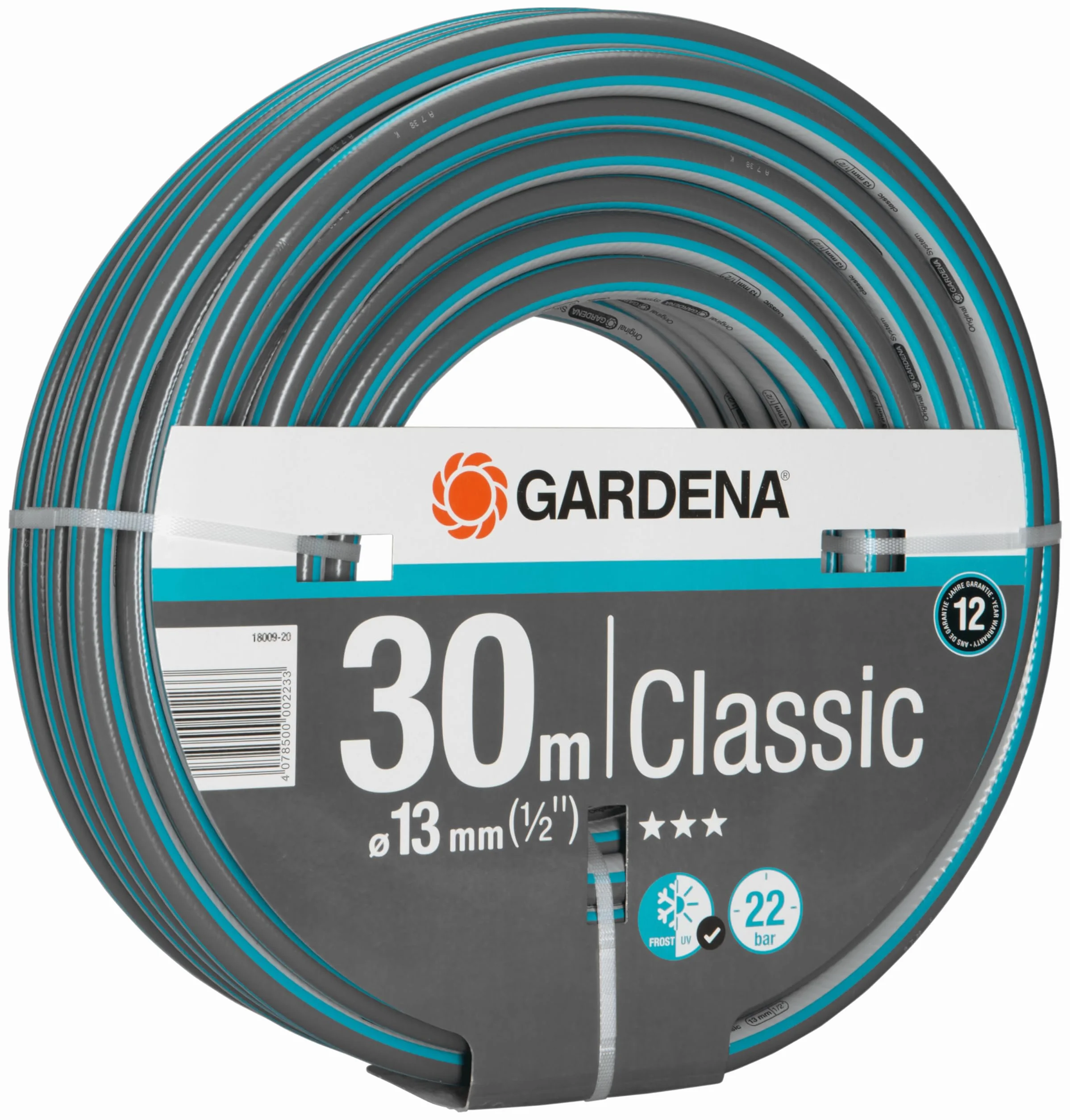Gardena Classic wąż 13 mm (1/2"), 30 m: uniwersalny, wytrzymały wąż ogrodowy o splocie krzyżowym, ciśnienie rozrywające 22 bary, odporny na ciśnienie i promieniowanie UV (18009-20)