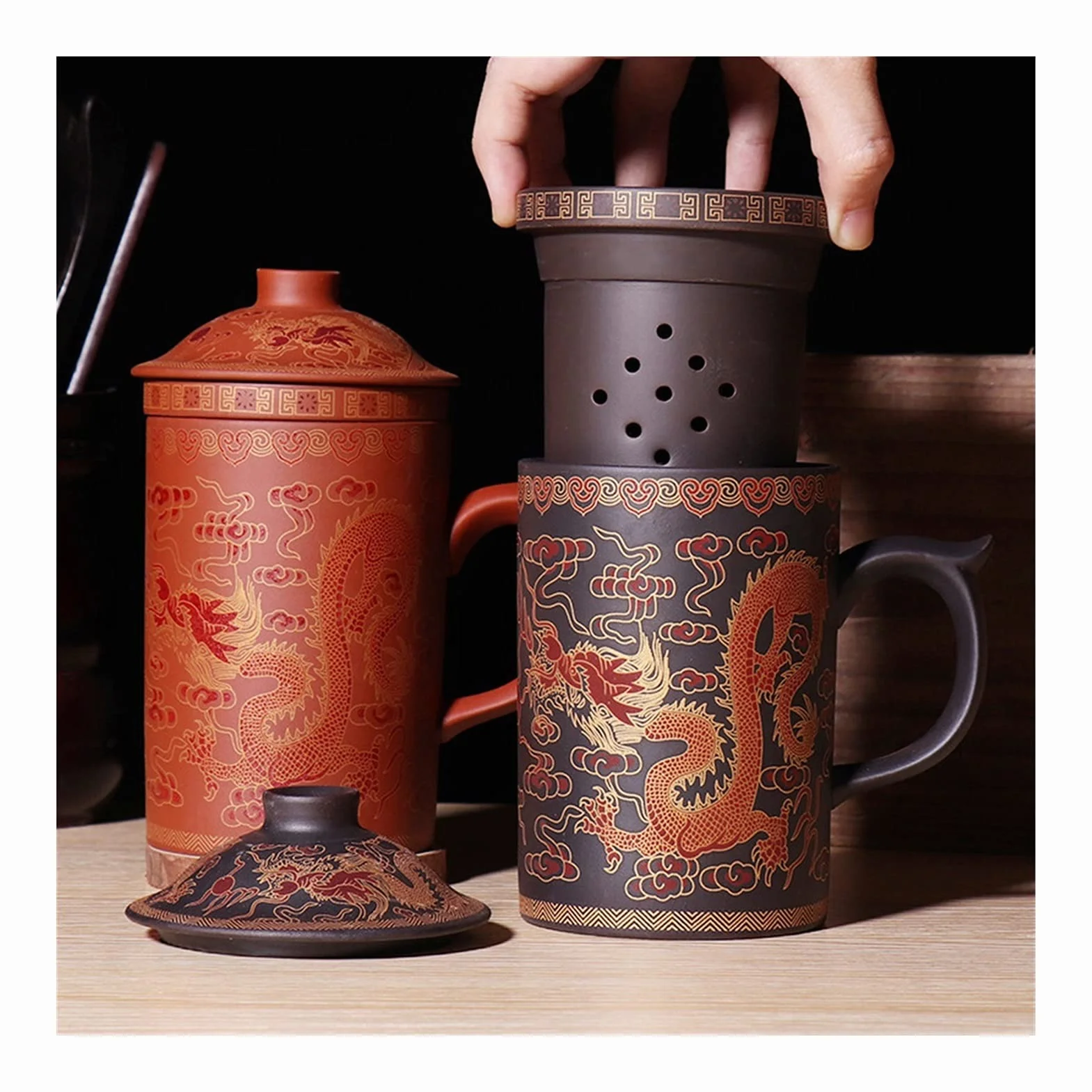 pojemniki na herbatę Handmade Purple Clay Pu'er Herbata Filiżanka z filtrem Ceramiczne kubki biurowe kubki wodne Prezent Podróży Kung Fu Herbata Zestaw Doratware przechowywanie herbaty (Color : B)