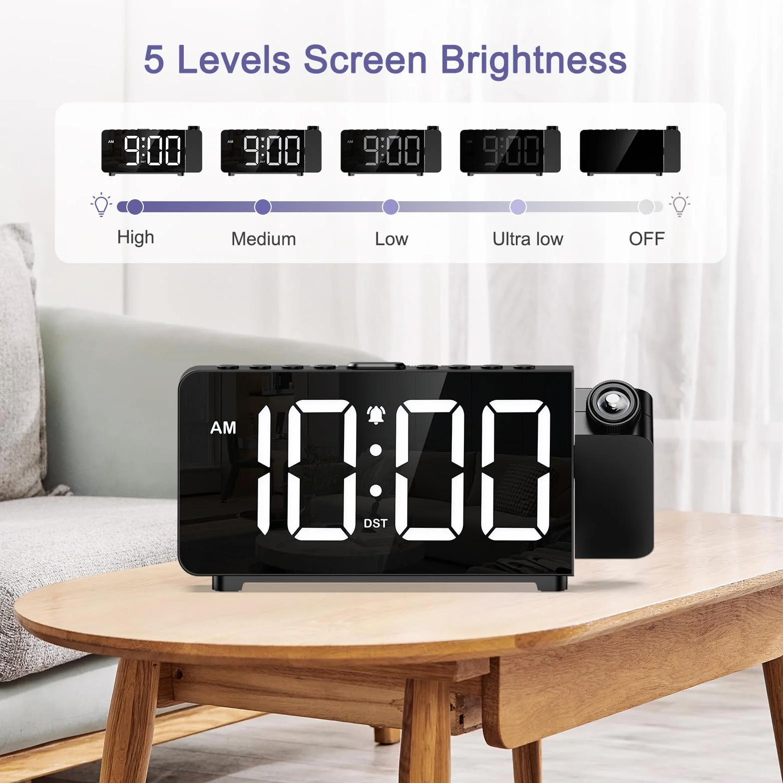 Budzik z projekcją, 7,4" LED, cyfrowy projektor 180°, 3-stopniowa regulacja jasności i ogniskowej, 5 poziomów jasności i 3 głośności, budzik projekcyjny 12/24 h, DST, drzemka
