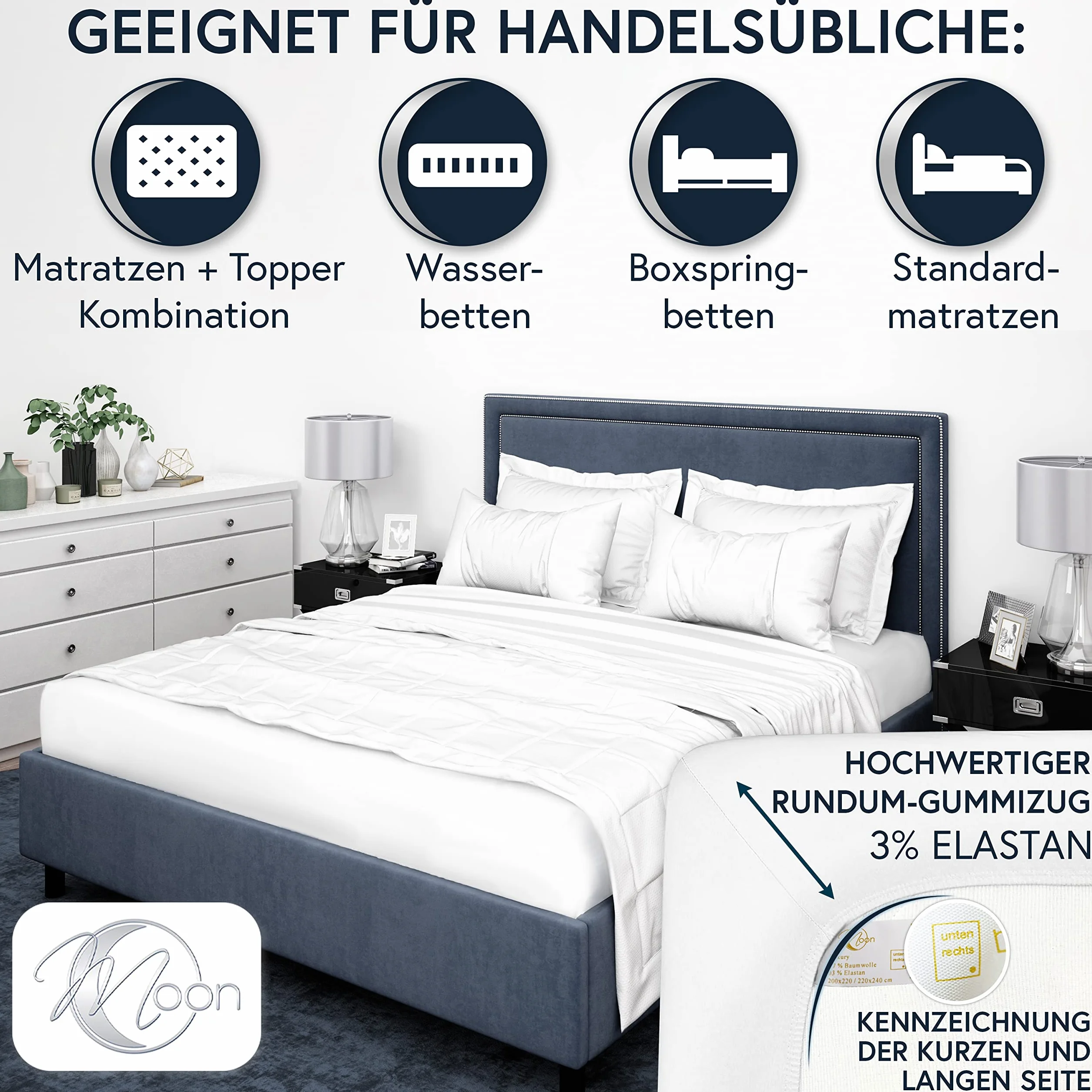 MOON -Luxury Prześcieradło z gumką, dżersej, 230 g/m², do łóżek wodnych, łóżek kontynentalnych i tradycyjnych materacy (białe, 200 x 220 – 220 x 240 cm)