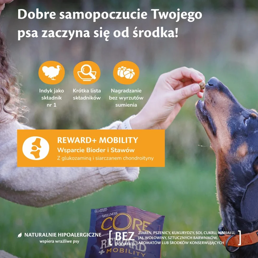 Wellness CORE Reward+ Mobilność 170g, Indyk – Miękkie Przysmaki dla Psów Wszystkich Ras, Bezzbożowe, Naturalne, Hipoalergiczne, o Wysokiej Zawartości Mięsa, Wspiera Zdrowie Bioder i Stawów