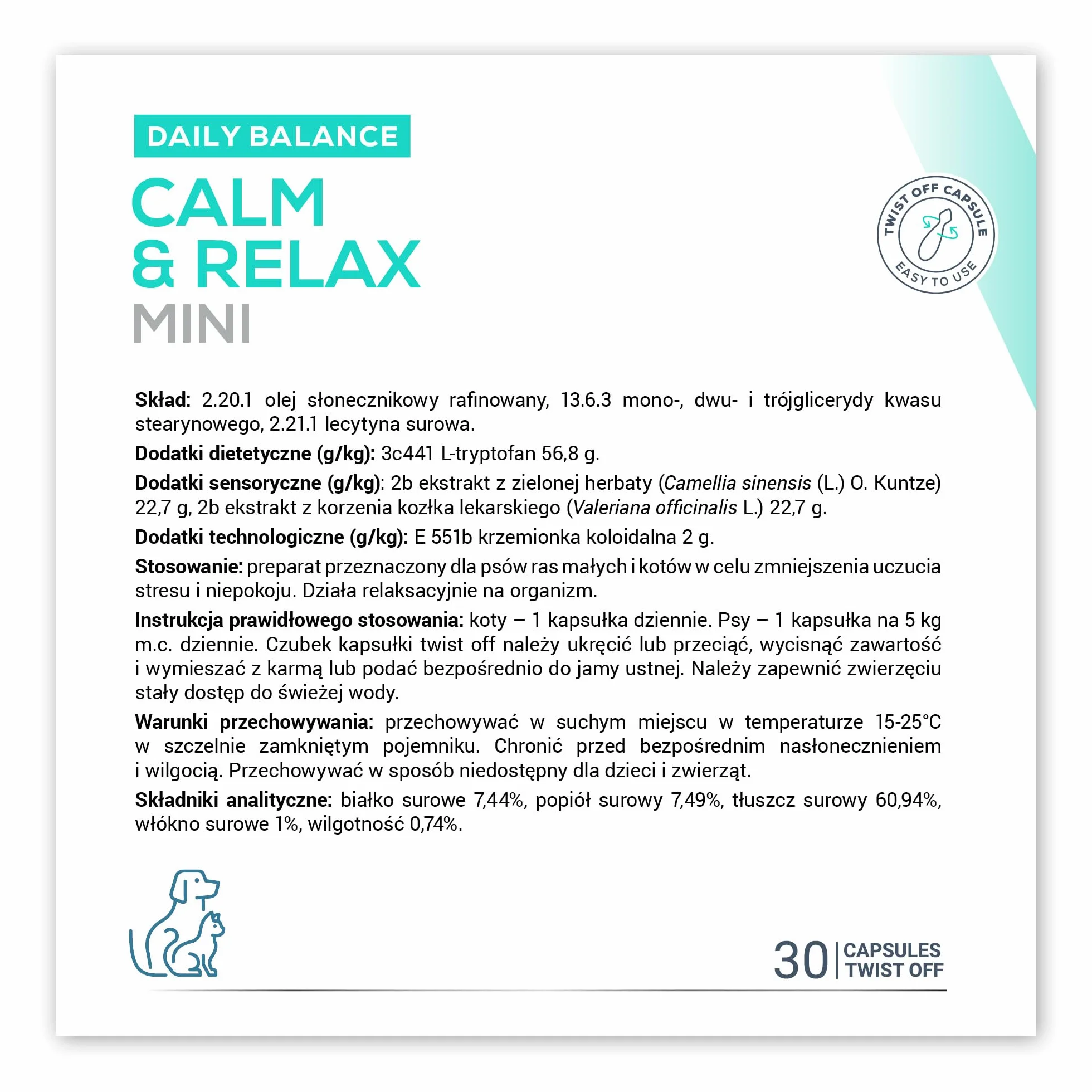 VET EXPERT CALM & RELAX MINI - Preparat na Objawy Stresu dla Psów Małych Ras i Kotów, 30 Kapsułek
