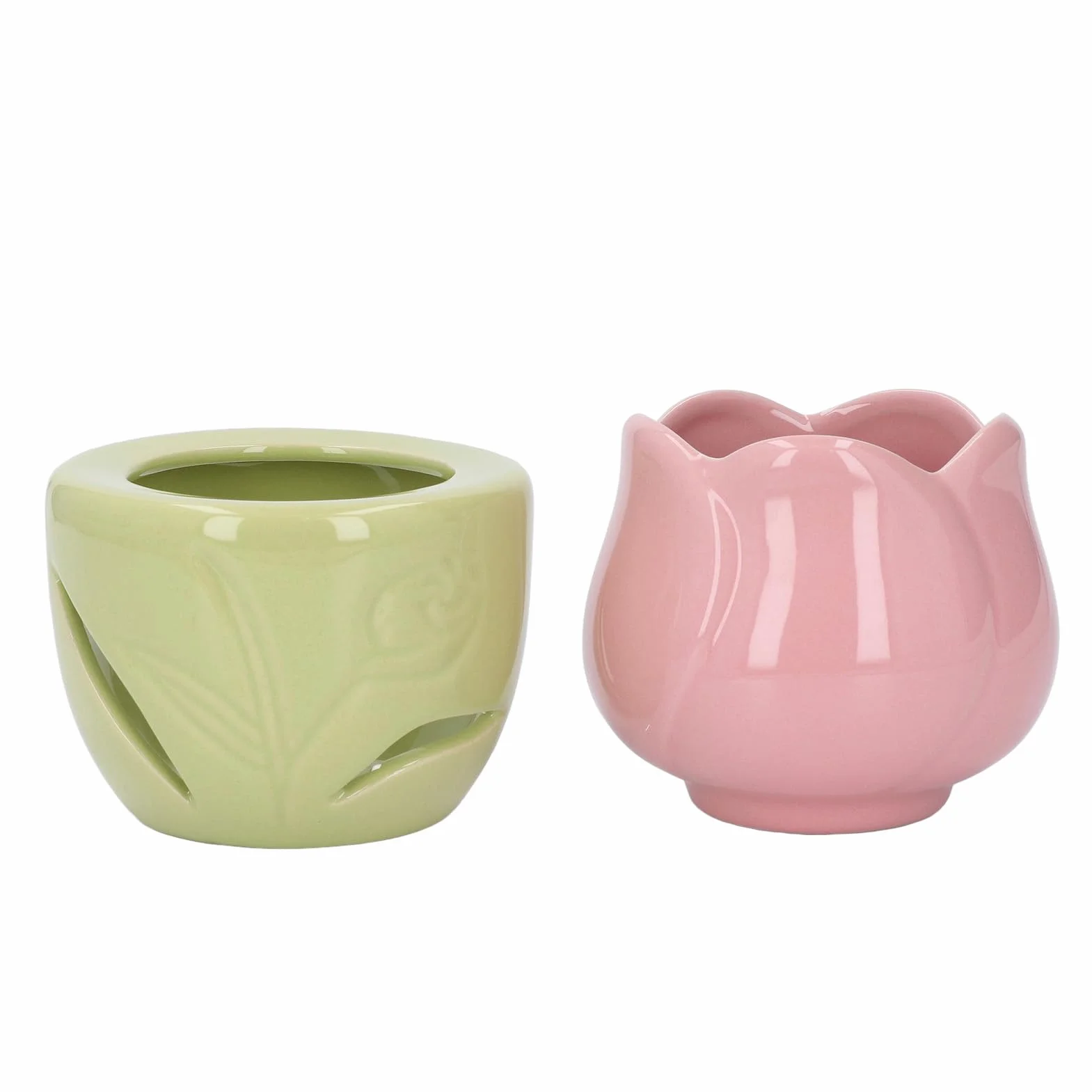 Ceramiczny Dyfuzor do Aromaterapii, Kominek na Olejki Eteryczne w Kształcie Różowego Kwiatu z Zielonym Stojakiem do Sesji Aromaterapii, do Użytku Domowego i Biurowego