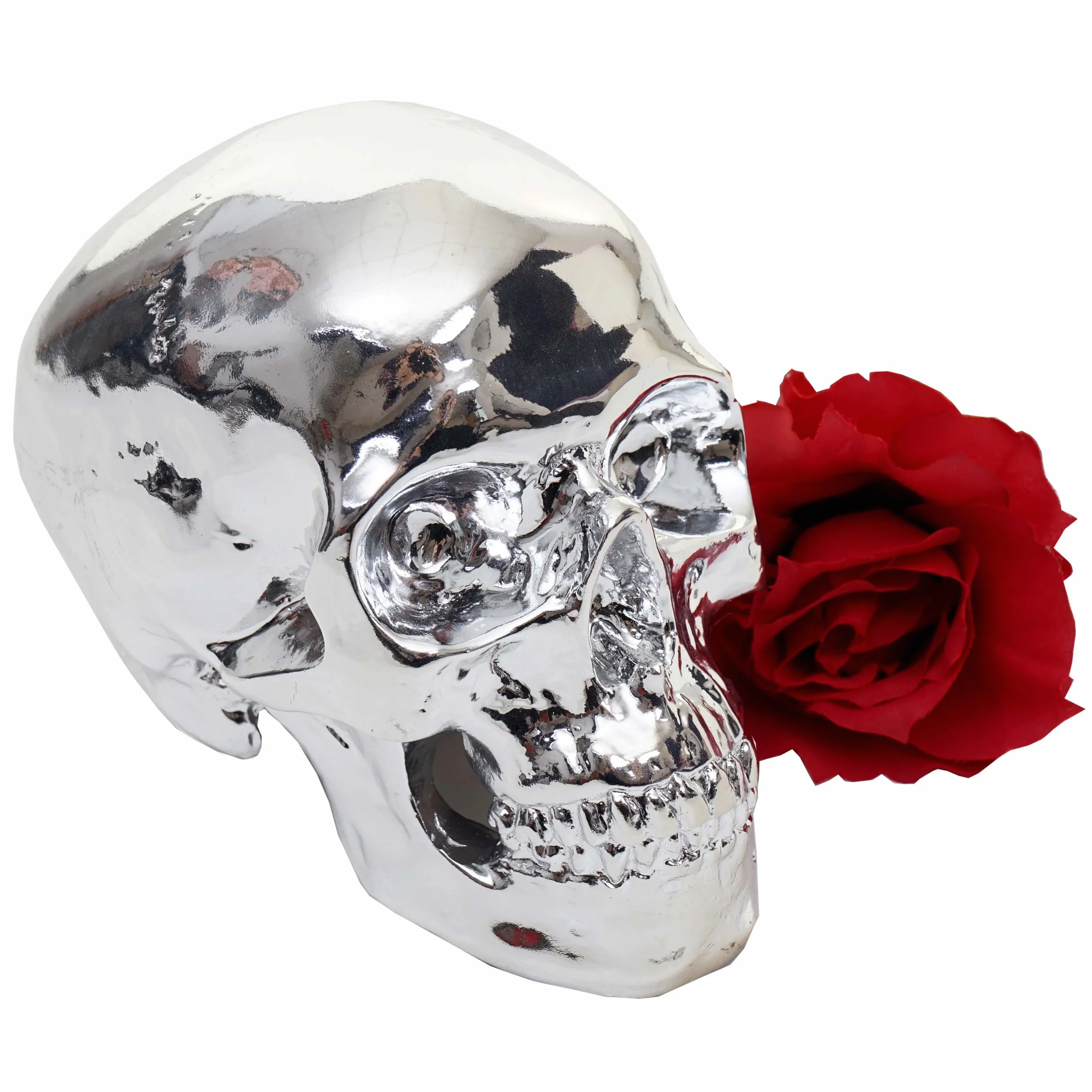 Mendler Deko Totenkopf HWC-T921, rzeźba z żywicy poliestrowej, czaszka, do domu i na zewnątrz, 18 cm, srebrny połysk wysoki