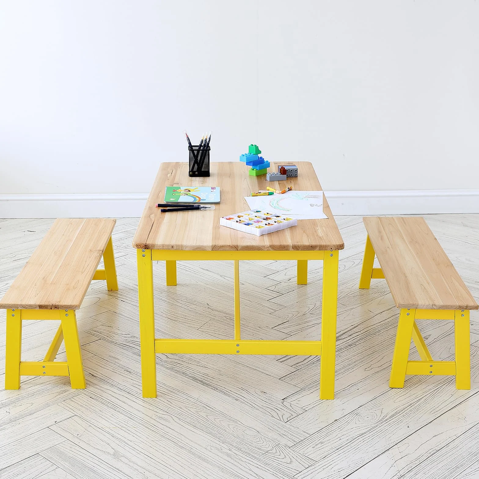 VEVOR 1 stolik dziecięcy + 2 ławki 1067 x 575 x 482 mm i 915 x 235 x 280 mm, zestaw mebli dziecięcych, łatwa do czyszczenia, do nauki, jedzenia, czytania, przedszkola, pokoju dziecięcego, 2-8 lat