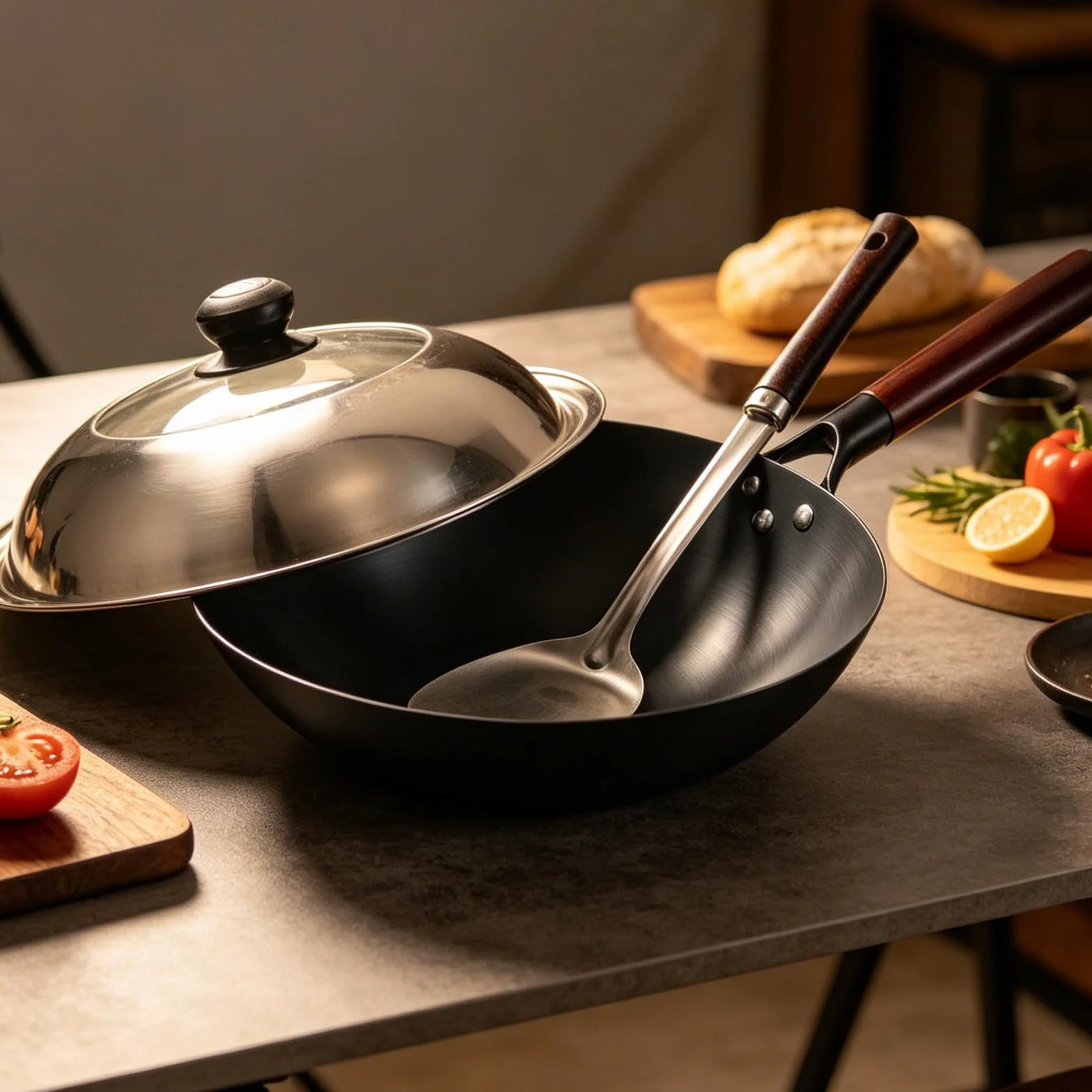 DOITOOL Niepowlekana żeliwna patelnia wok | Ręcznie robiona chińska patelnia do smażenia z pokrywką i szpatułką | Niepowlekany, wytrzymały żeliwny wok z drewnianym uchwytem do kuchenek gazowych