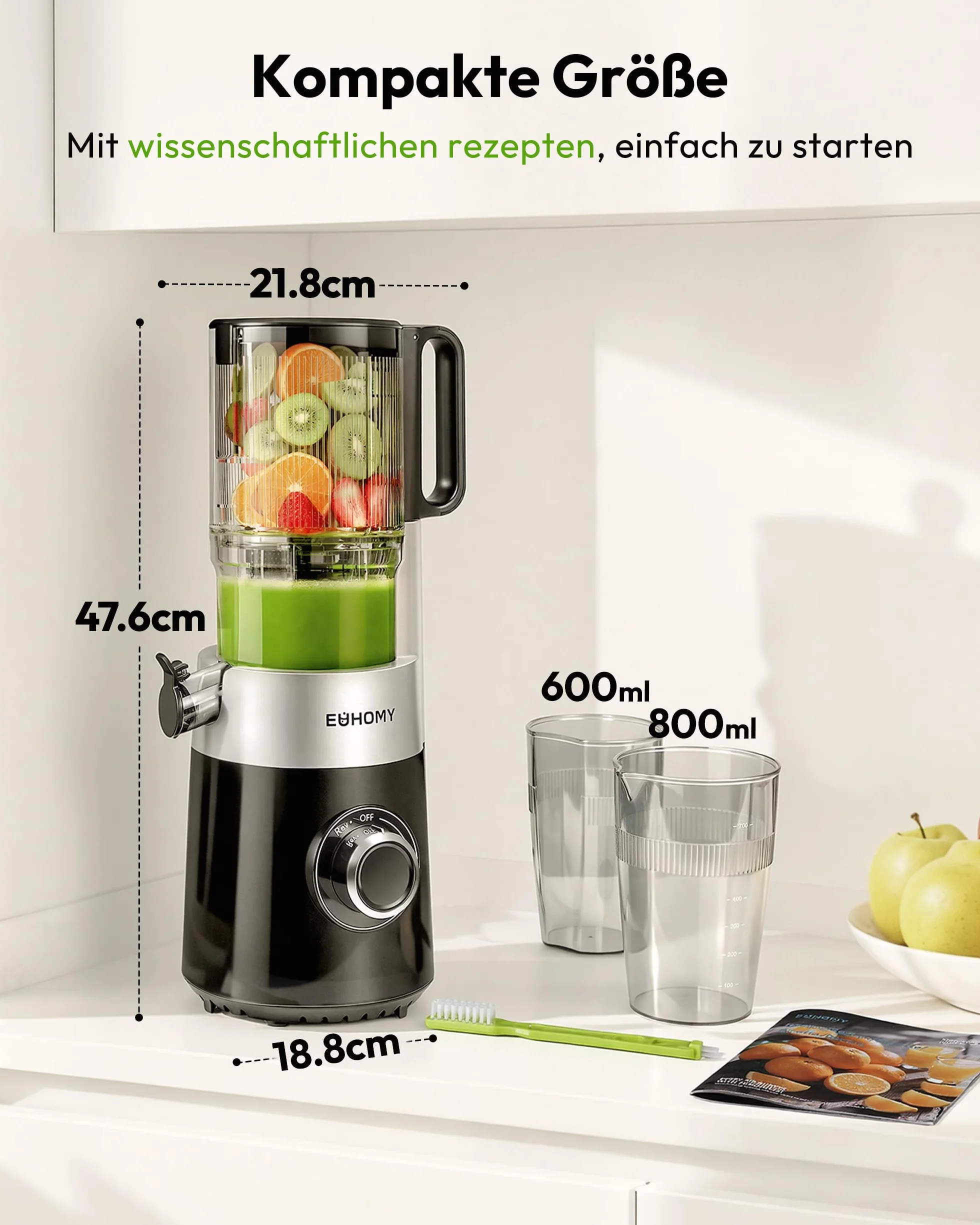 EUHOMY Sokowirówka, Slow Juicer, sokowirówka do warzyw i owoców, zwycięzca testu z otworem do napełniania 135 mm, pojemność 1,8 l, 2 filiżanki | elektryczna wyciskarka do soków, czarna srebrna
