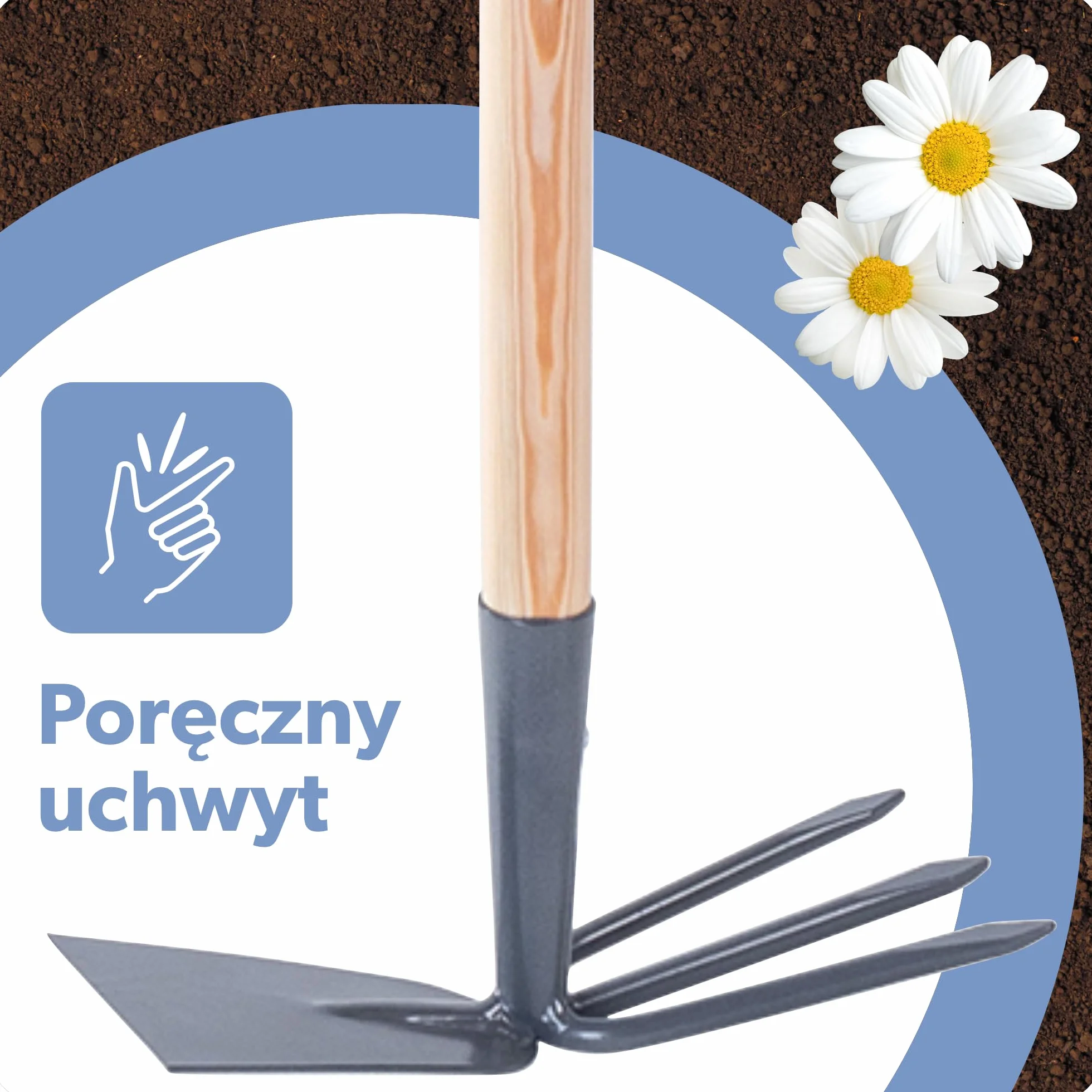 KADAX Motyka ogrodowa podwójna z metalową głowicą, długi drewniany trzonek, ostrze prostokątne + 3 zęby, do spulchniania, napowietrzania i pielenia ziemi
