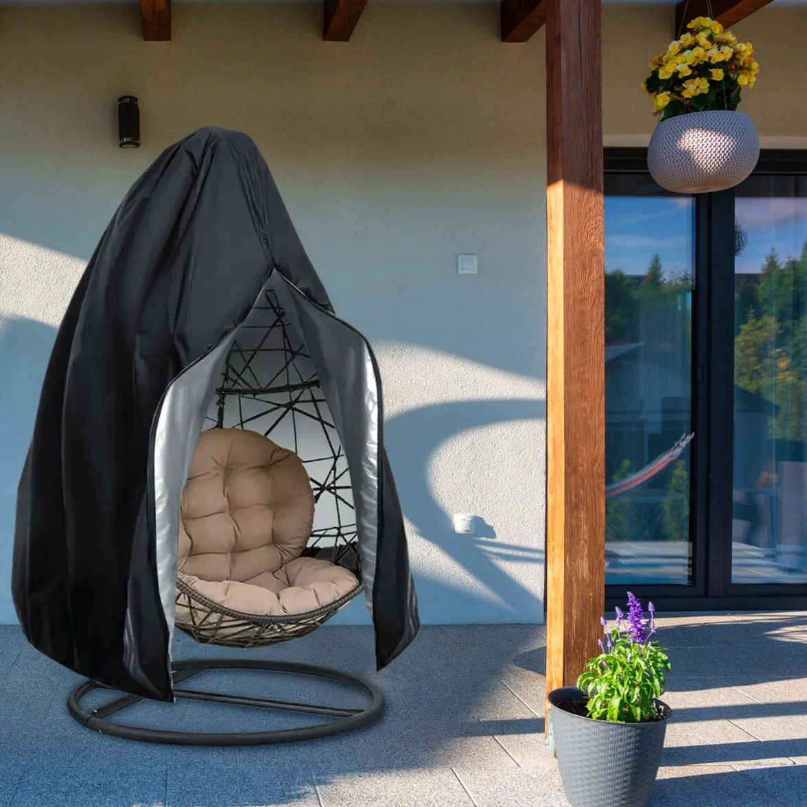 Pokrowiec na fotel wiszący, pokrowiec ochronny na fotel wiszący, pokrowiec Oxford 210D na zewnątrz z zamkiem błyskawicznym i sznurkiem ściągającym, wodoodporny, wiatroszczelny, czarny, 190 x