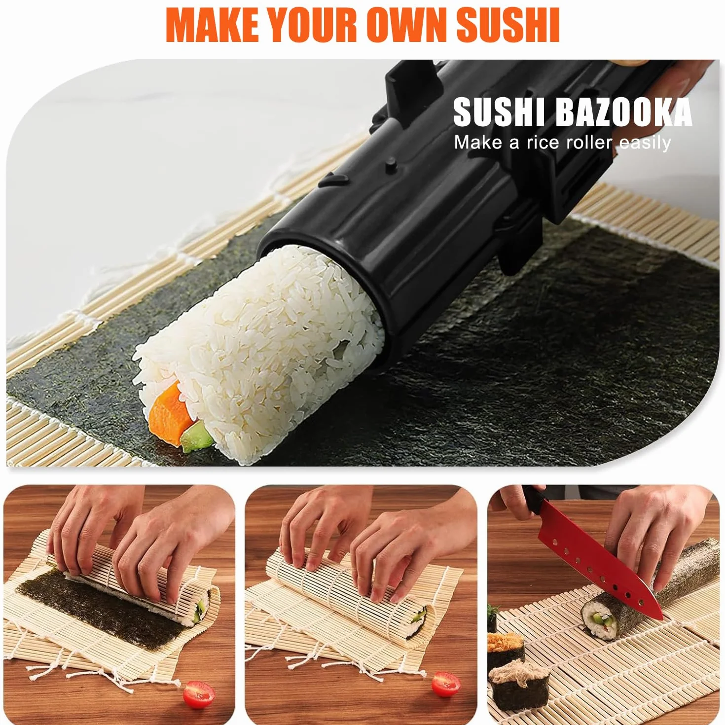 SmileTools Zestaw do robienia sushi, wałek do sushi, sushi bazooka, maszyna do sushi, bambusowa mata do zwijania sushi dla początkujących (czarny)