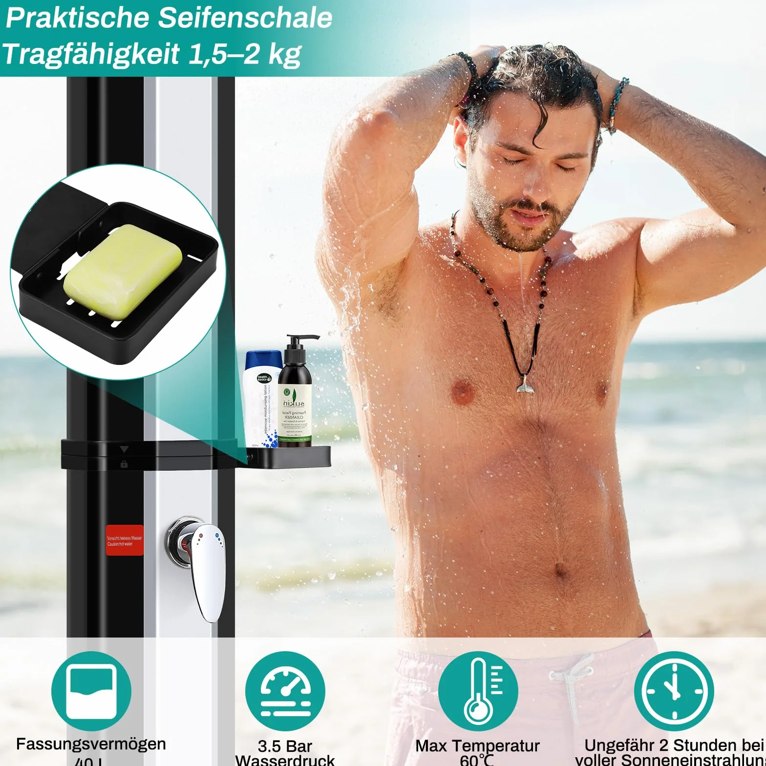 Prysznic solarny 40 l, prysznic ogrodowy, ciepła woda do 60°C, z deszczownicą, kranem, skrzynką na mydło i pokrowcem ochronnym, prysznic basenowy, na kemping, do ogrodu, na balkon i basen, bez
