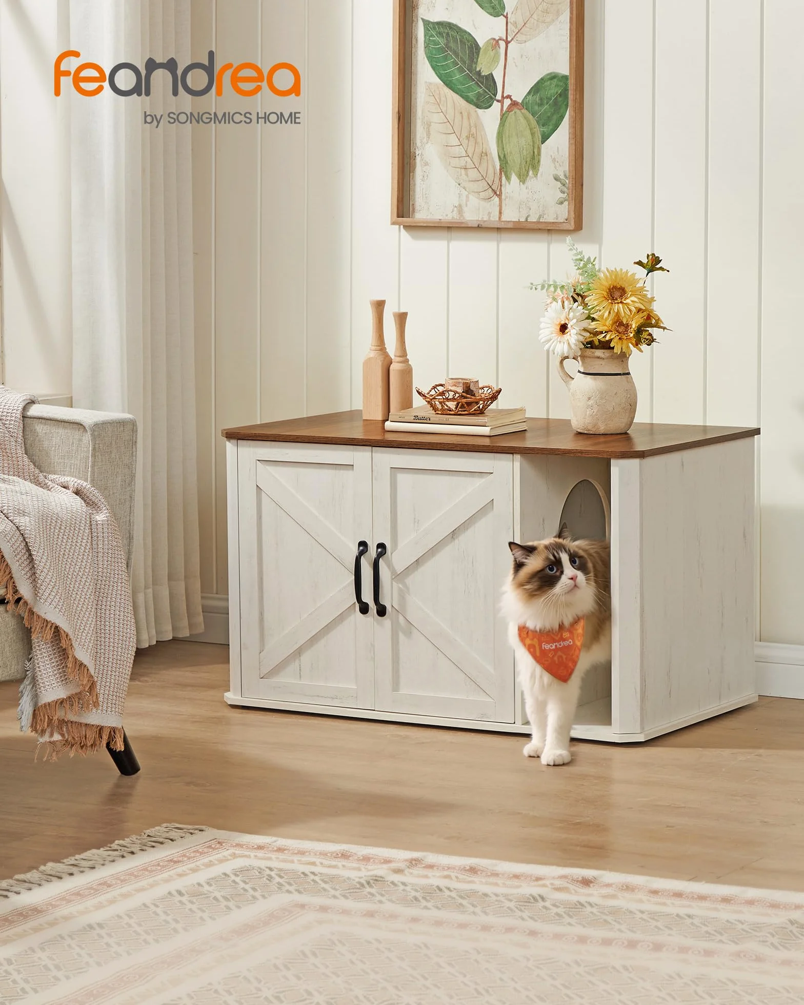 Feandrea Cat House szafka na kuwetę 85 x 48,5 x 50 cm miodowy brąz-biel vintage