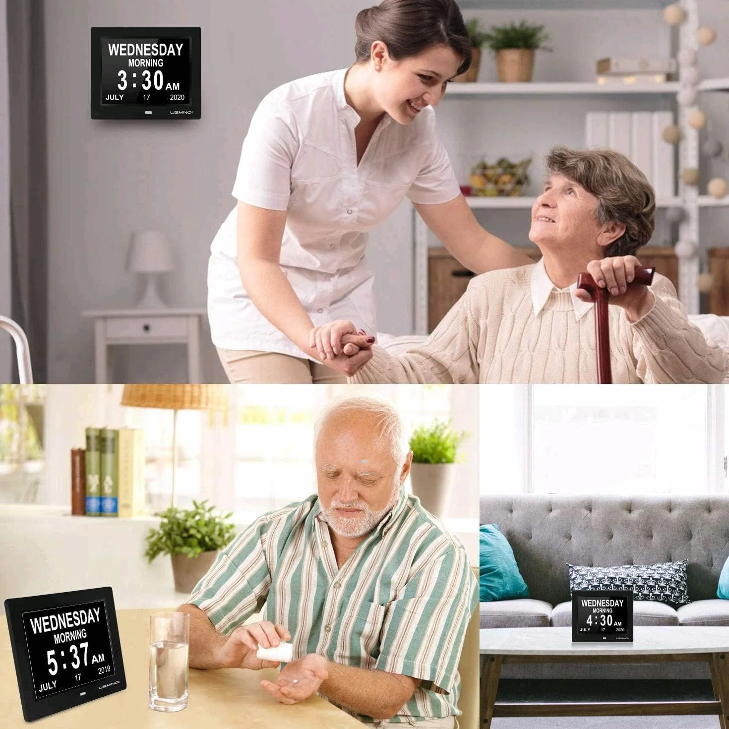 Lemnoi 8-calowy cyfrowy zegar LCD z kalendarzem i datą no abreviado automatyczne przyciemnianie, 8 języków przypomnienie dla osób starszych i dzieci z chorobą Alzheimera