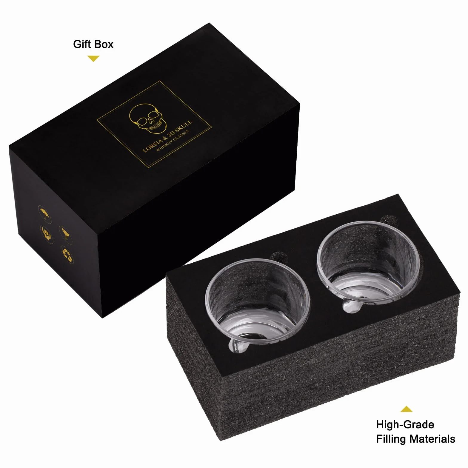 Zestaw 2 szklanek do whisky w kształcie czaszki, 300 ml, w pudełku prezentowym – idealne do whisky, rumu, koniaku, wódki. Prezent na Halloween, Boże Narodzenie, Święto Dziękczynienia dla mężczyzn.