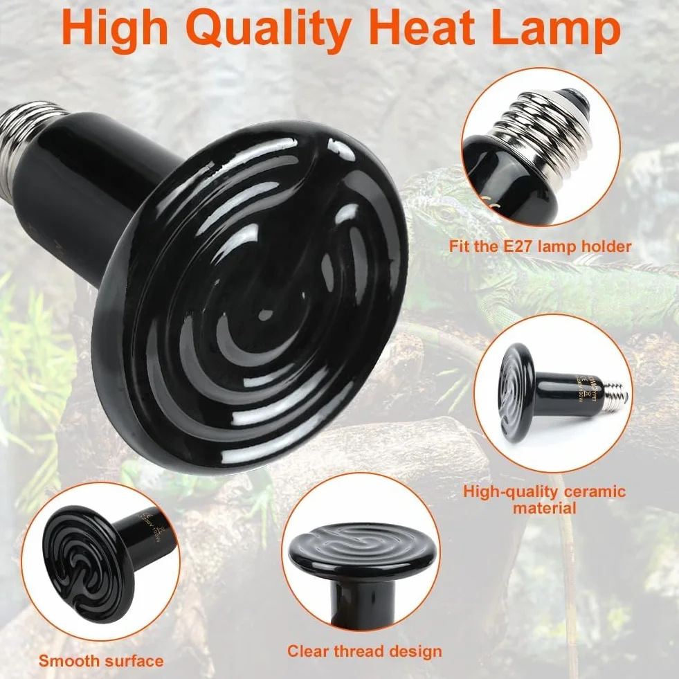 Ceramiczna żarówka grzewcza E27 100W 220V Czarna lampa grzewcza dla gadów 2 szt.
