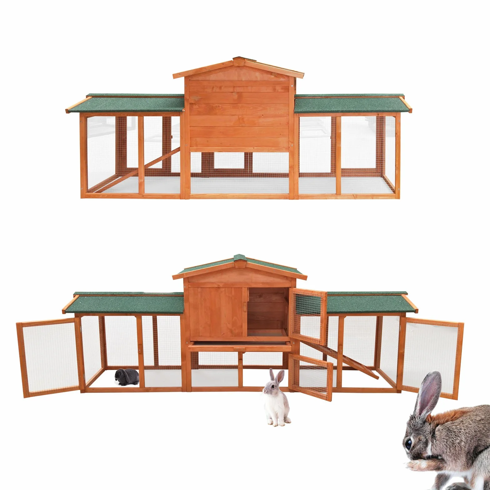 Wiltec Klatka dla królików 2190 x 530 x 850 mm z wybiegiem i podwyższoną budką drewno świerkowe 2 piętra