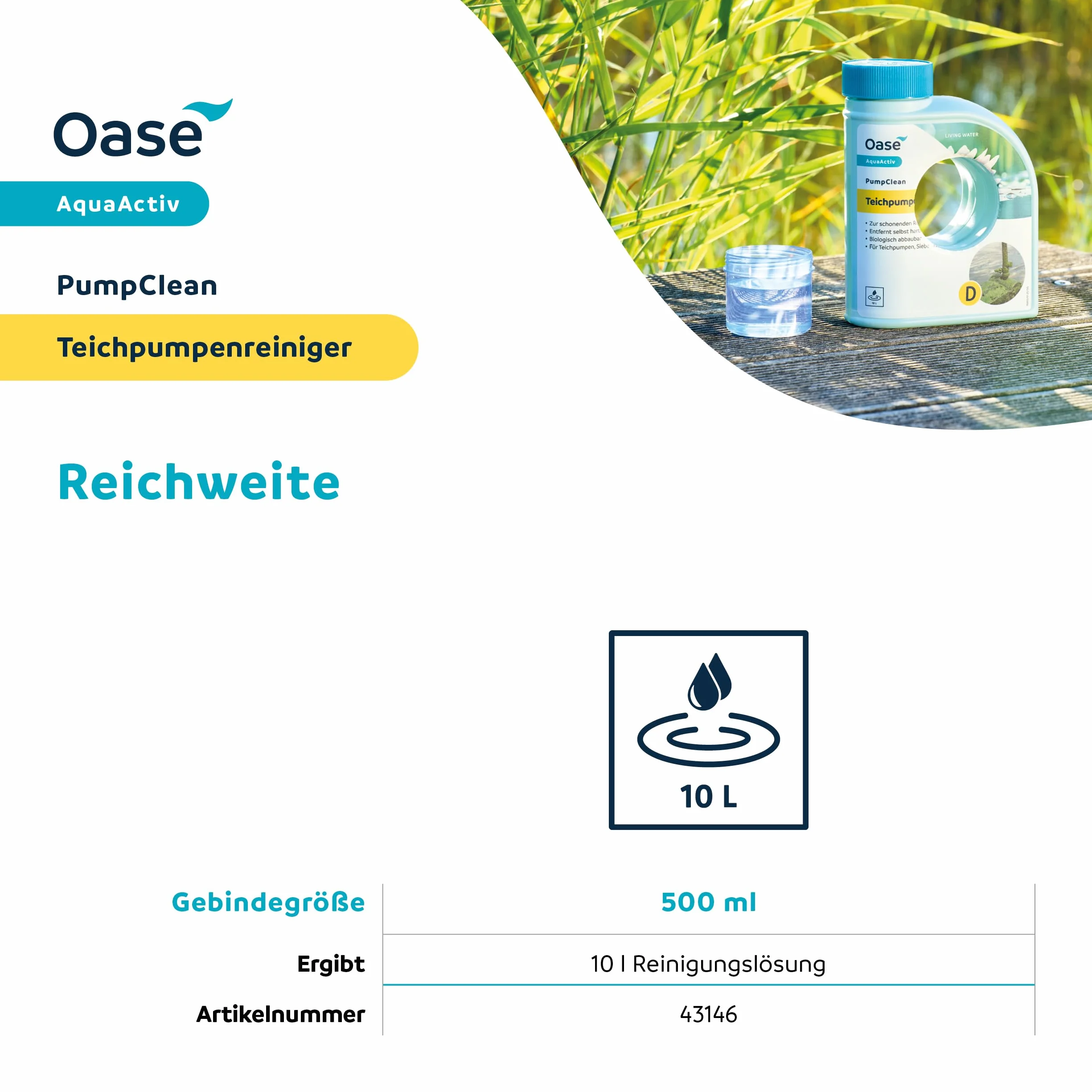 OASE 43146 AquaActiv PumpClean środek do czyszczenia pompy stawowej, 500 ml, czyści technologię stawu, taką jak pompy, sitka, szklanki kwarcowe, środek do czyszczenia pomp bez chloru i octu, kolor