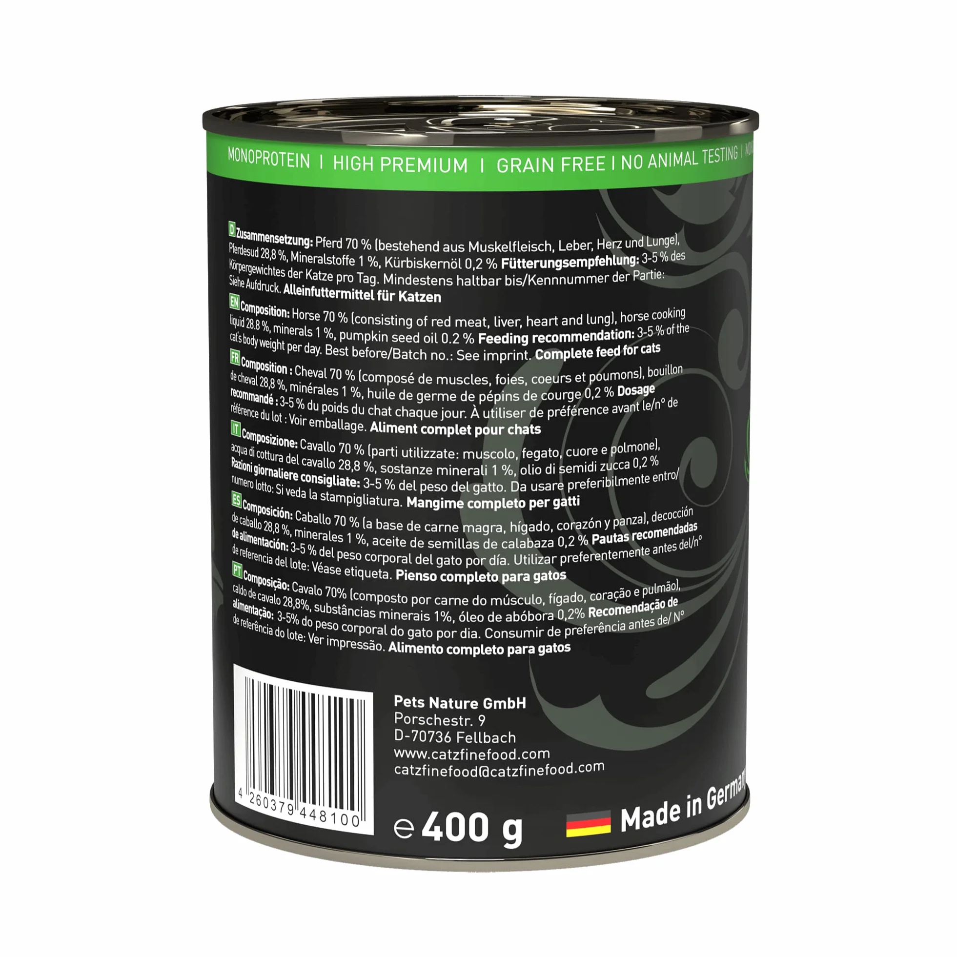 catz finefood Purrrr monoprotein karma dla kotów mokra nr 123, dla kotów wrażliwych na odżywianie, 70% zawartości mięsa, puszka 6 x 400 g