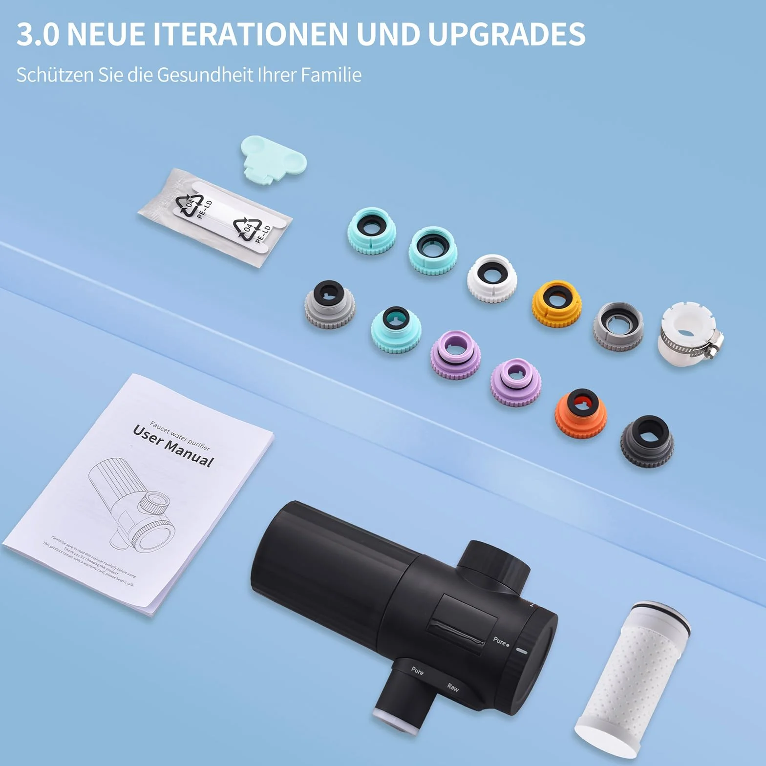 HOMELODY Filtr do wody pitnej do kuchni, usuwa chlor, metale ciężkie i kamień, poprawia smak, 12 x adapter, niebieskie światło i 1 filtr w zestawie, filtr wody kran 3.0 z wyświetlaczem LED