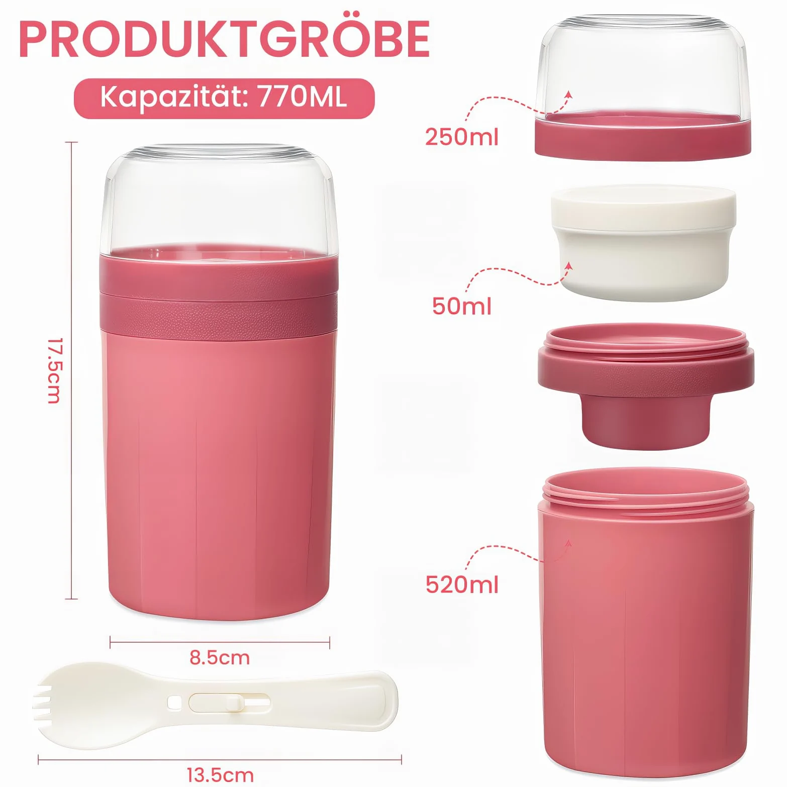Bugucat Kubek na musli to Go 520 ml + 250 ml, praktyczny kubek na jogurt z łyżeczką, szczelny, z pudełkiem na sosy, pudełko na musli, pudełko na lunch dla dzieci i dorosłych, różowy