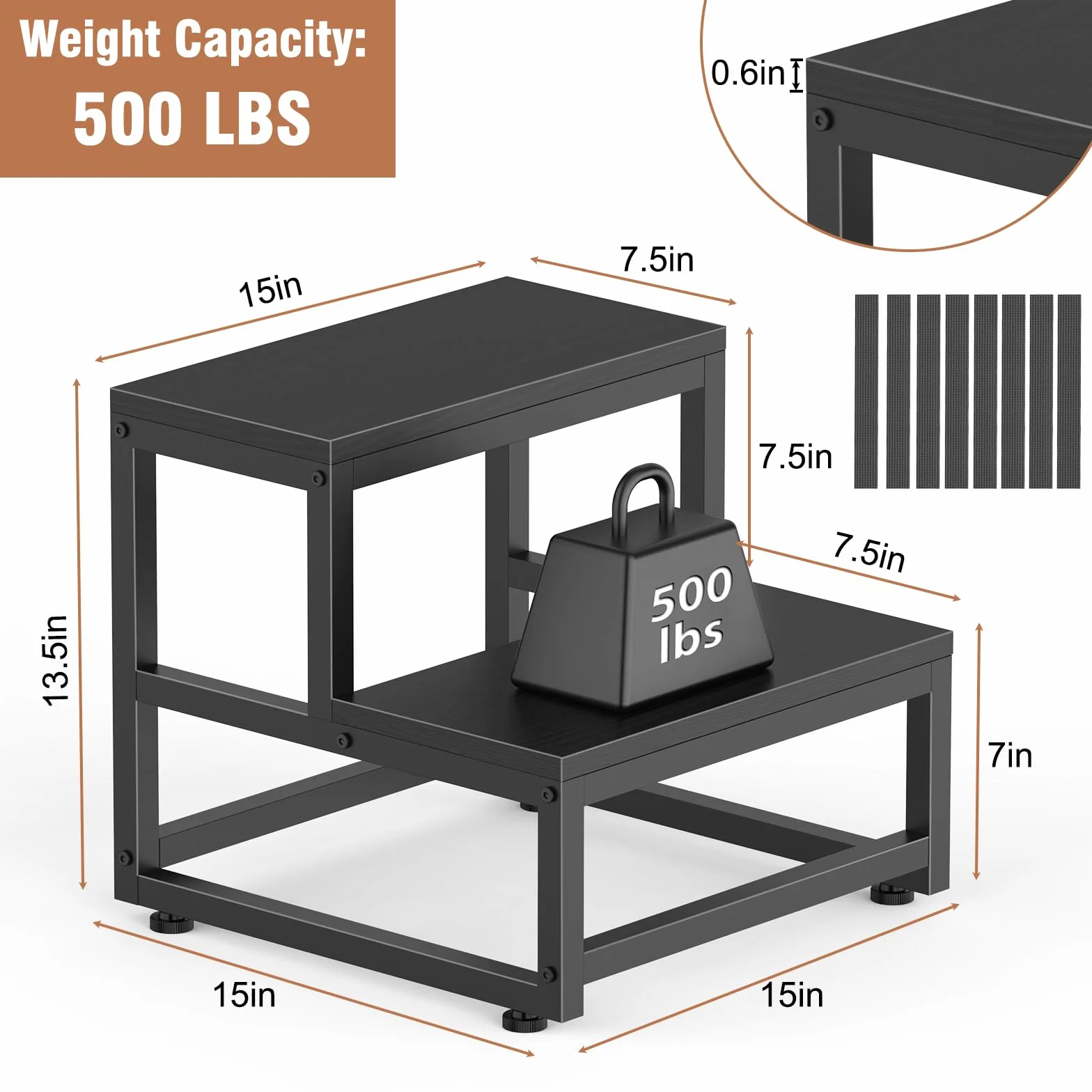 LIANTRAL Stołek Do Stąpania Dla Dorosłych i Dzieci, 2-Stopniowy, Ze Stali Heavy Duty, Stabilny, Drewniany, Nośność 220 kg, Do Łóżka, Kuchni, Łazienki, Czarny