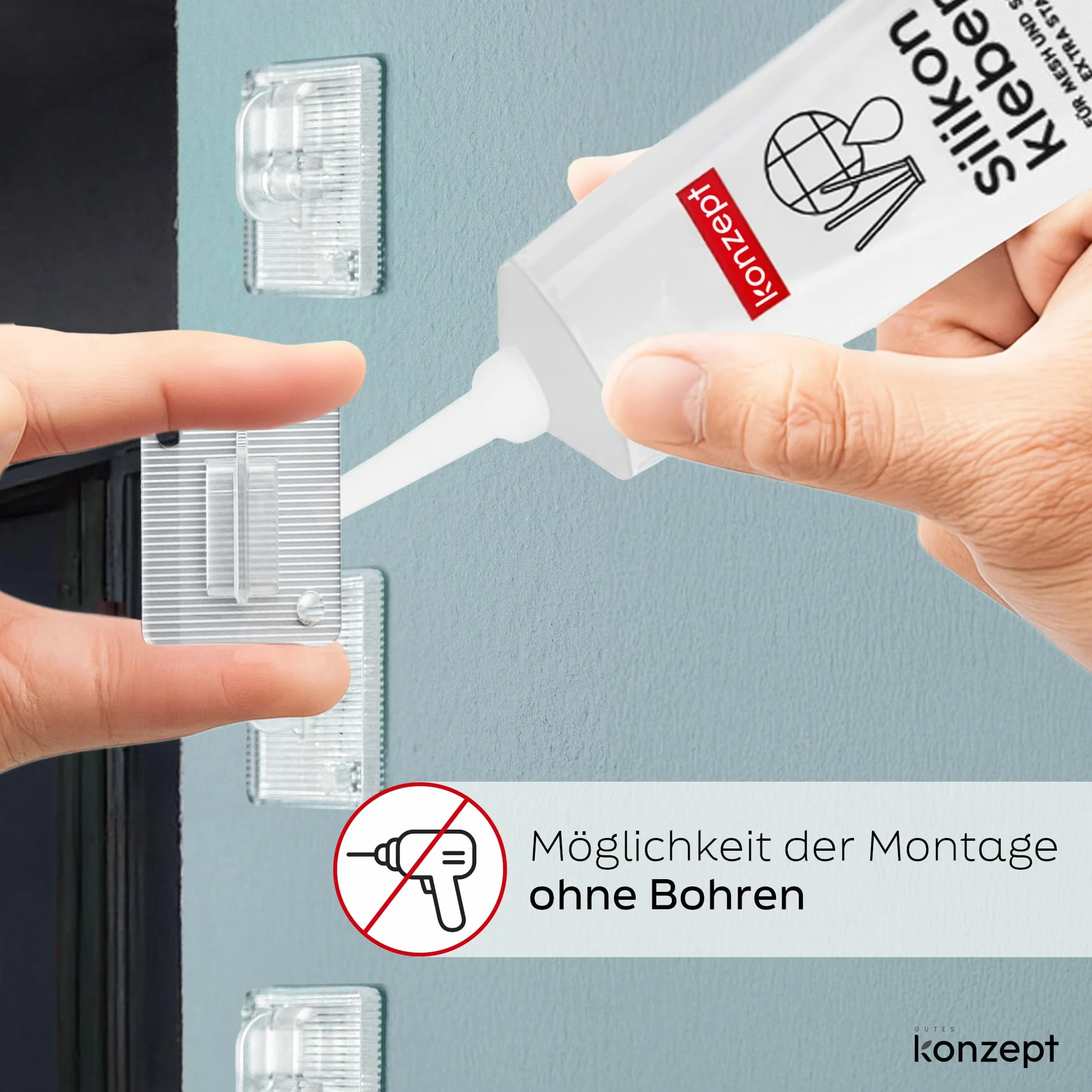 KONZEPT Haczyki samoprzylepne do siatki dla kota na balkon, przezroczyste, małe, zestaw z klejem montażowym 30 ml, mocne, odporne na warunki atmosferyczne