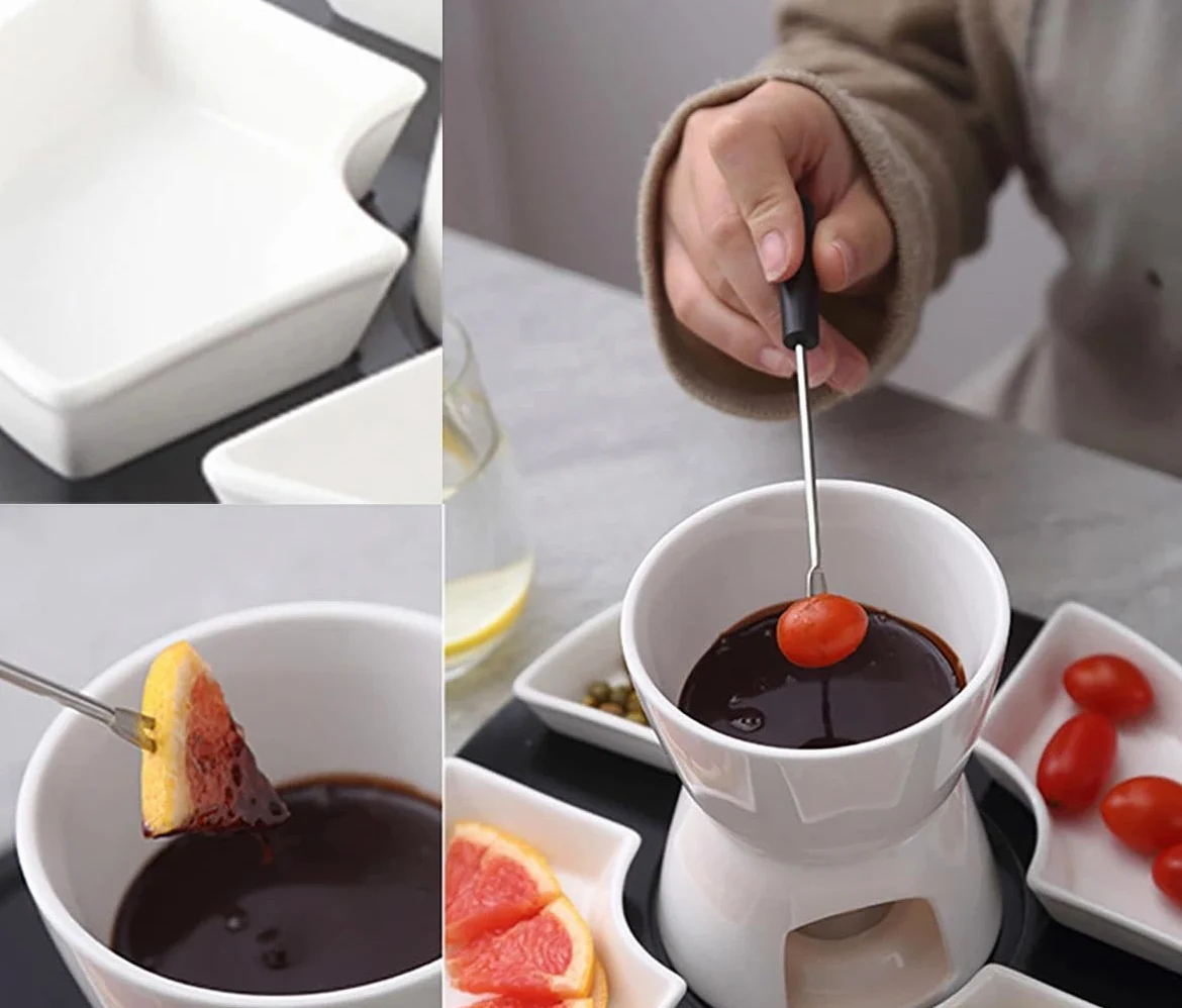 Ceramiczny zestaw do fondue czekoladowego, 300 ml, czekoladowe fondue z 4 talerzami ceramicznymi i 4 widelcami, do sera, fondue, rodzinnych obiadów, deserów, pikników, biały