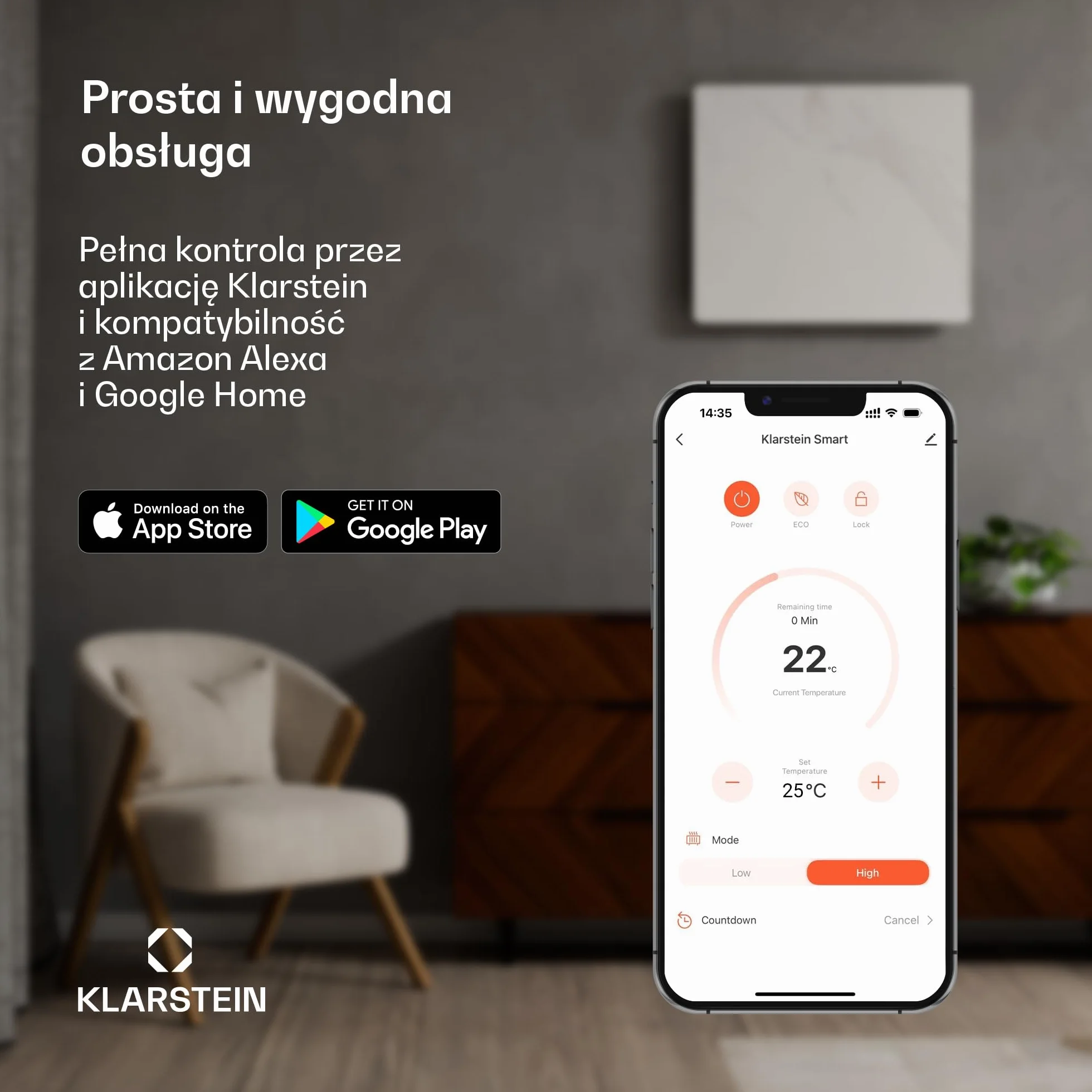 Klarstein Ogrzewanie na podczerwień 600 W – montaż na ścianie i urządzenie stojące, termostat, sterowanie aplikacją, wygląd marmuru, IP43, ochrona przed przegrzaniem, do łazienki i salonu, elektryczne
