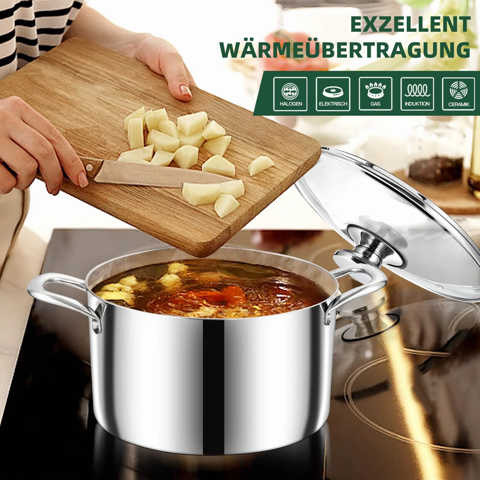 Garnek, Onader 3-warstwowy ze stali nierdzewnej, indukcyjny, 3,3L, garnek do makaronu, garnek na zupę ze szklaną pokrywką dla wszystkich rodzajów kuchenek, zdrowy i odporny na mycie w zmywarce - 20cm