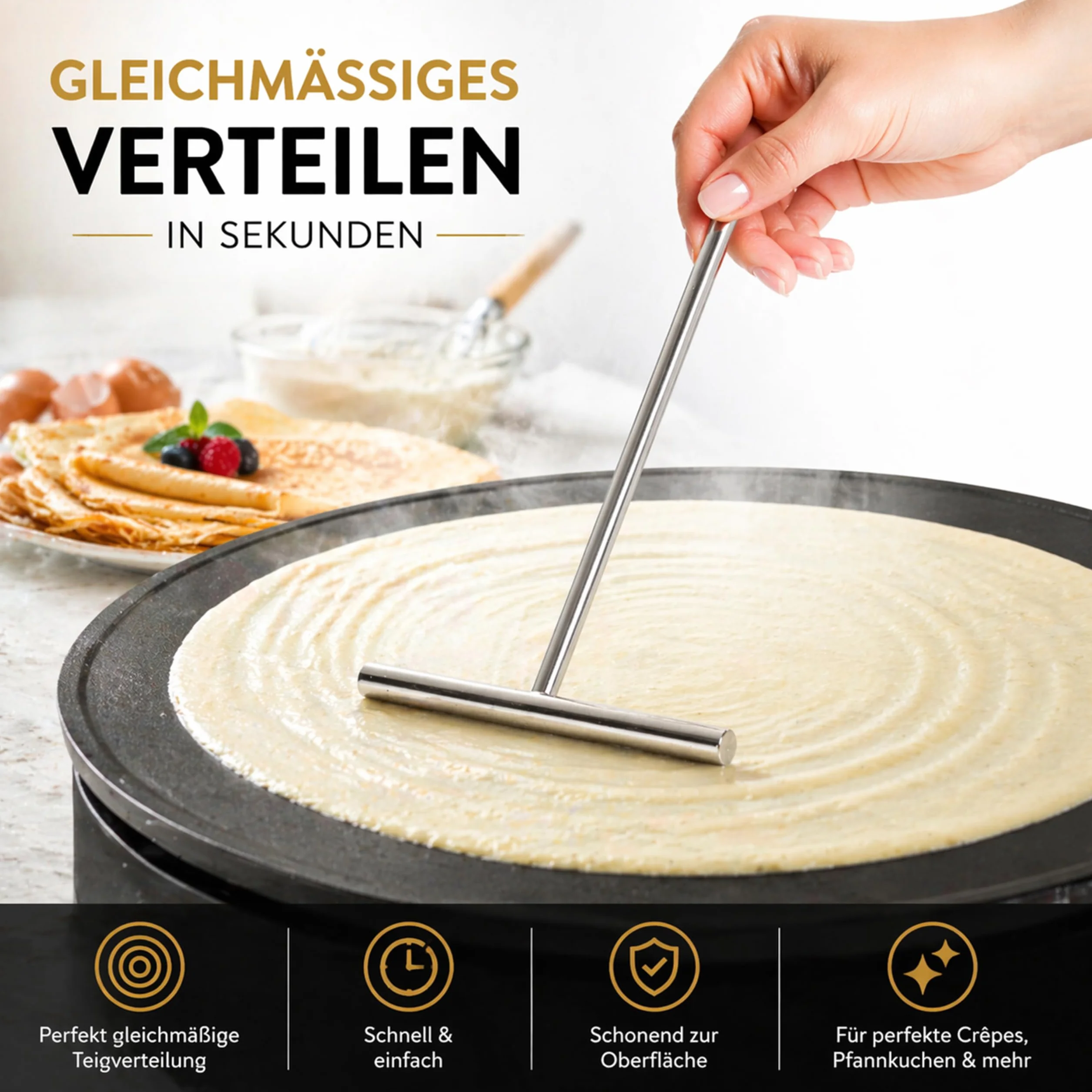 Kerafactum Rozdzielacz do Ciasta Crepemaker do Naleśników, Placków lub Palacinek z Długą Rączką 20 cm ze Stali Nierdzewnej, Szpatułka do Naleśników