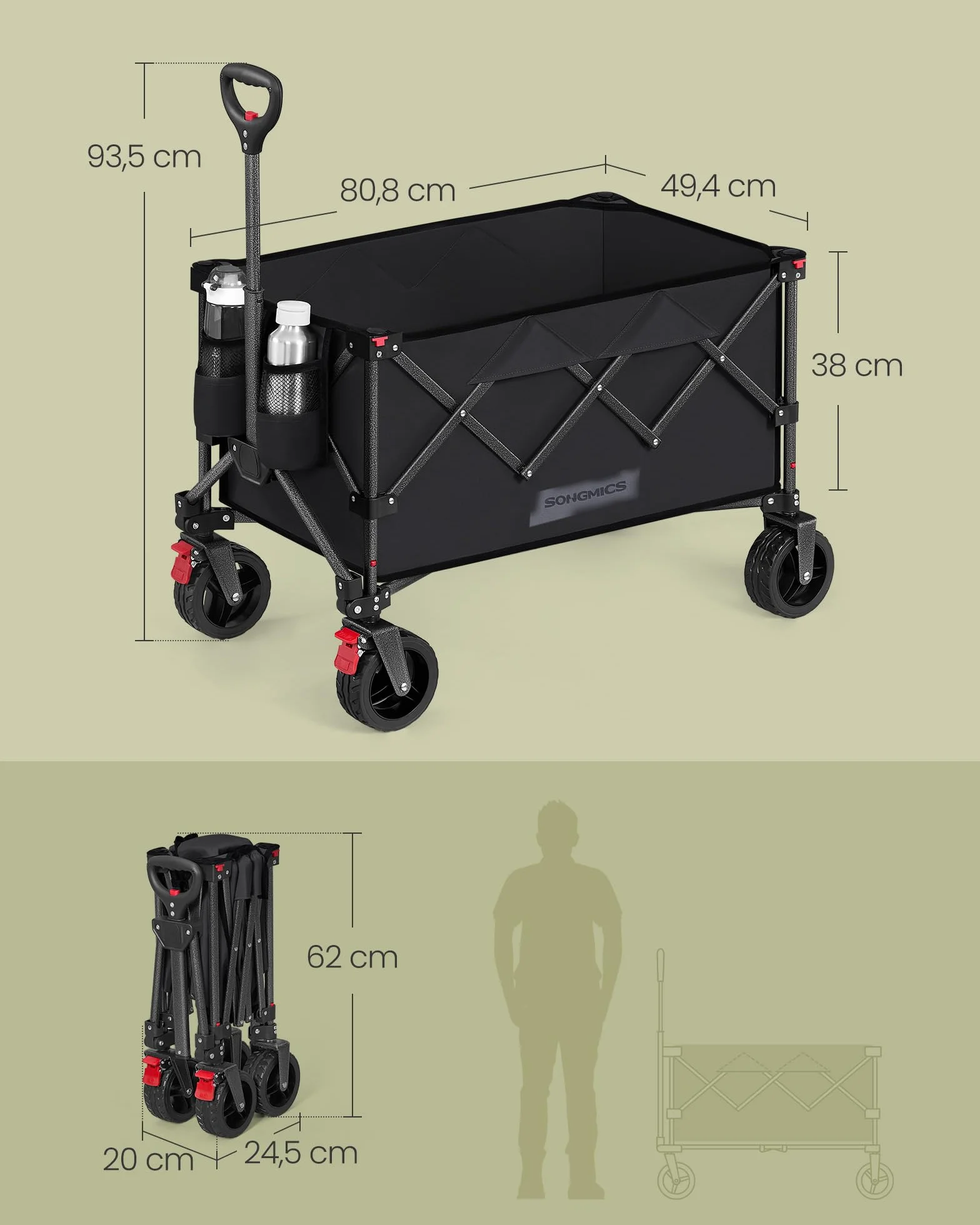 SONGMICS Składany wózek ręczny, 150 L, ładowność do 150 kg, wózek ogrodowy, z uchwytem, 4 zdejmowane koła, oszczędność miejsca, na zewnątrz, ogród, atrament czarny GFW115B01