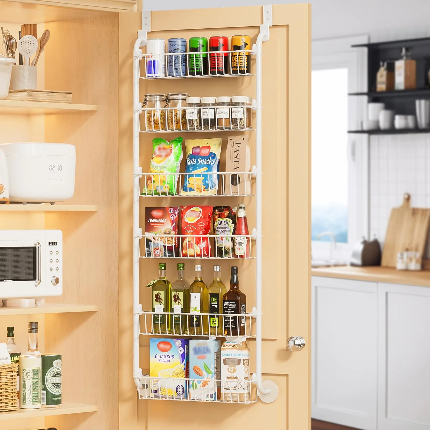 Delamu Organizer do spiżarni nad drzwiami, metalowy organizer na drzwi, 6-poziomowy organizer na drzwi do spiżarni, stojak na przyprawy dla łatwej instalacji, gł. 15 x szer. 18 x wys. 50 cm, kolor