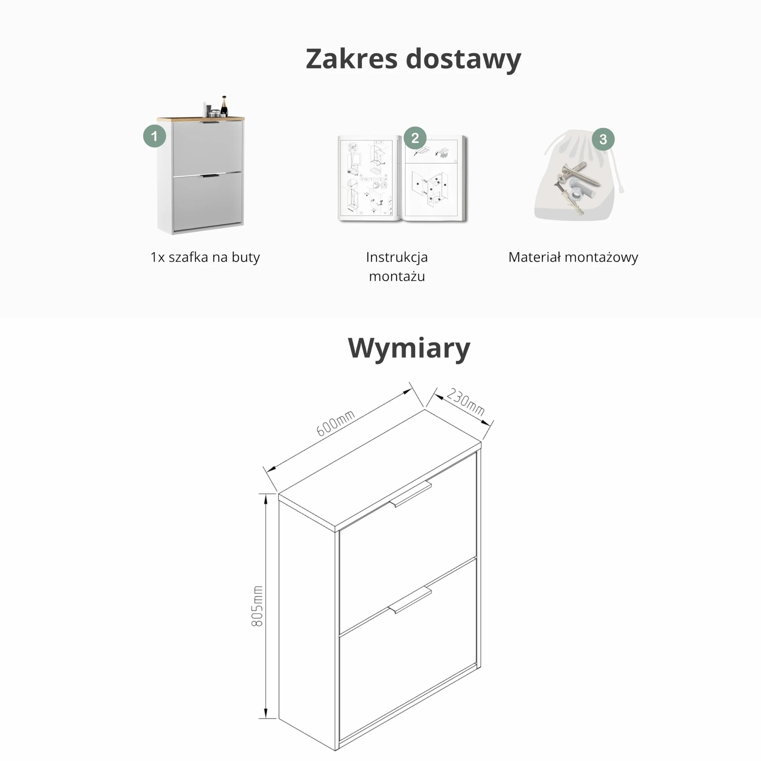 Planetmöbel wąska szafka na buty z 2 drzwiczkami, oszczędzająca miejsce półka na buty z 4 półkami, komoda na buty do przedpokoju, korytarza, garderoby 60 x 23 x 80,5 cm, biało-szara