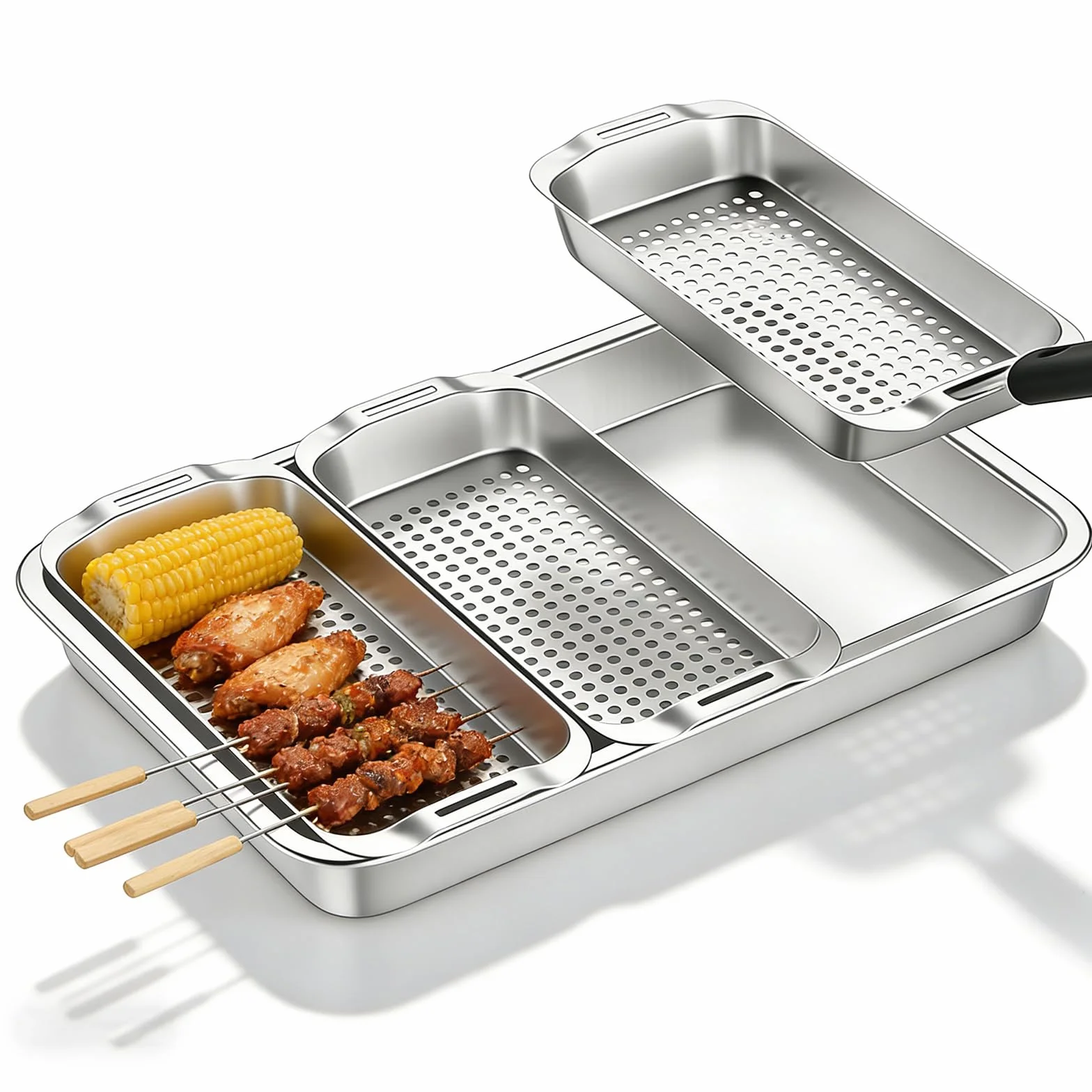 Zestaw 5 koszyków do grillowania, taca grillowa ze stali nierdzewnej, stalowe tacki do BBQ, małe patelnie grillowe do grilla gazowego z ściągaczem mgły olejowej, akcesoria do grilla BBQ z otworami na