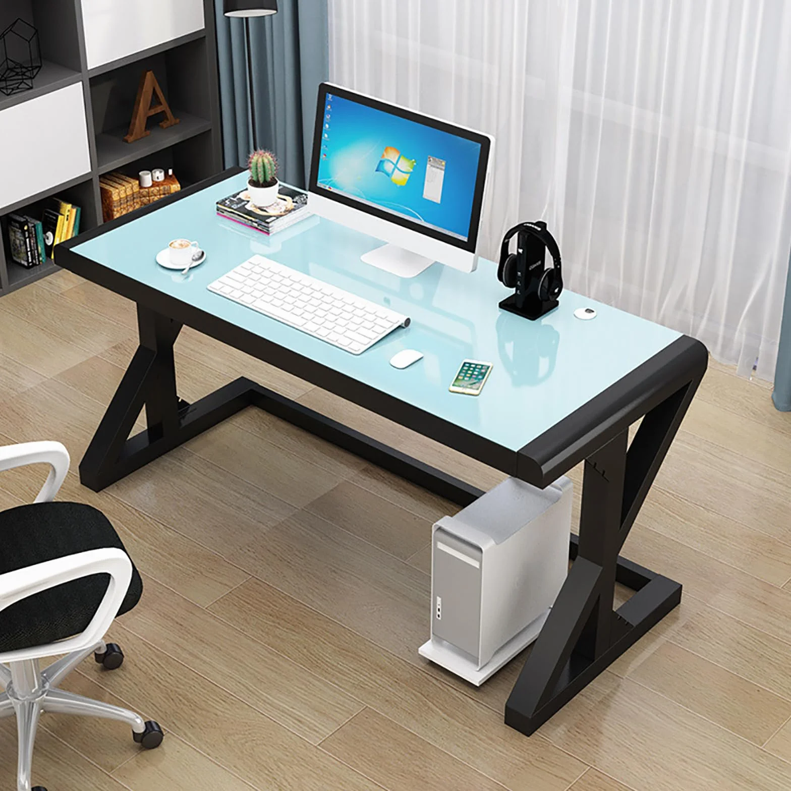 Biurko komputerowe ze szkła hartowanego, duże biurko do nauki z nogami w kształcie litery X, biurko do gier, komputer, laptop, stół do nauki, stacja robocza do biura w