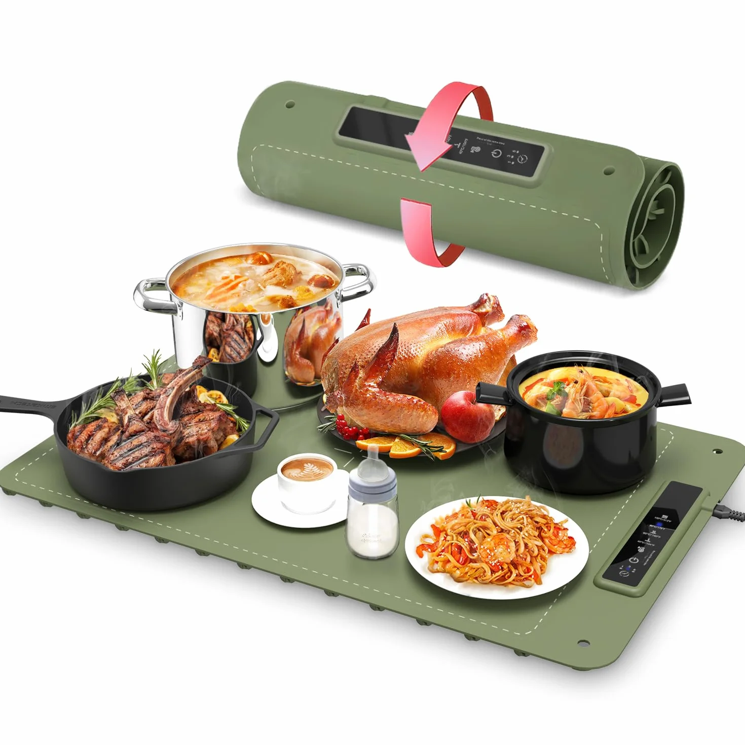 Mojimdo Warming Plate płyta grzewcza do potraw – silikon bezpieczny dla żywności, 3 poziomy temperatury, ogrzewanie na całej powierzchni, elastycznie zwijana i zawieszana, idealna do domu, bufetu i na