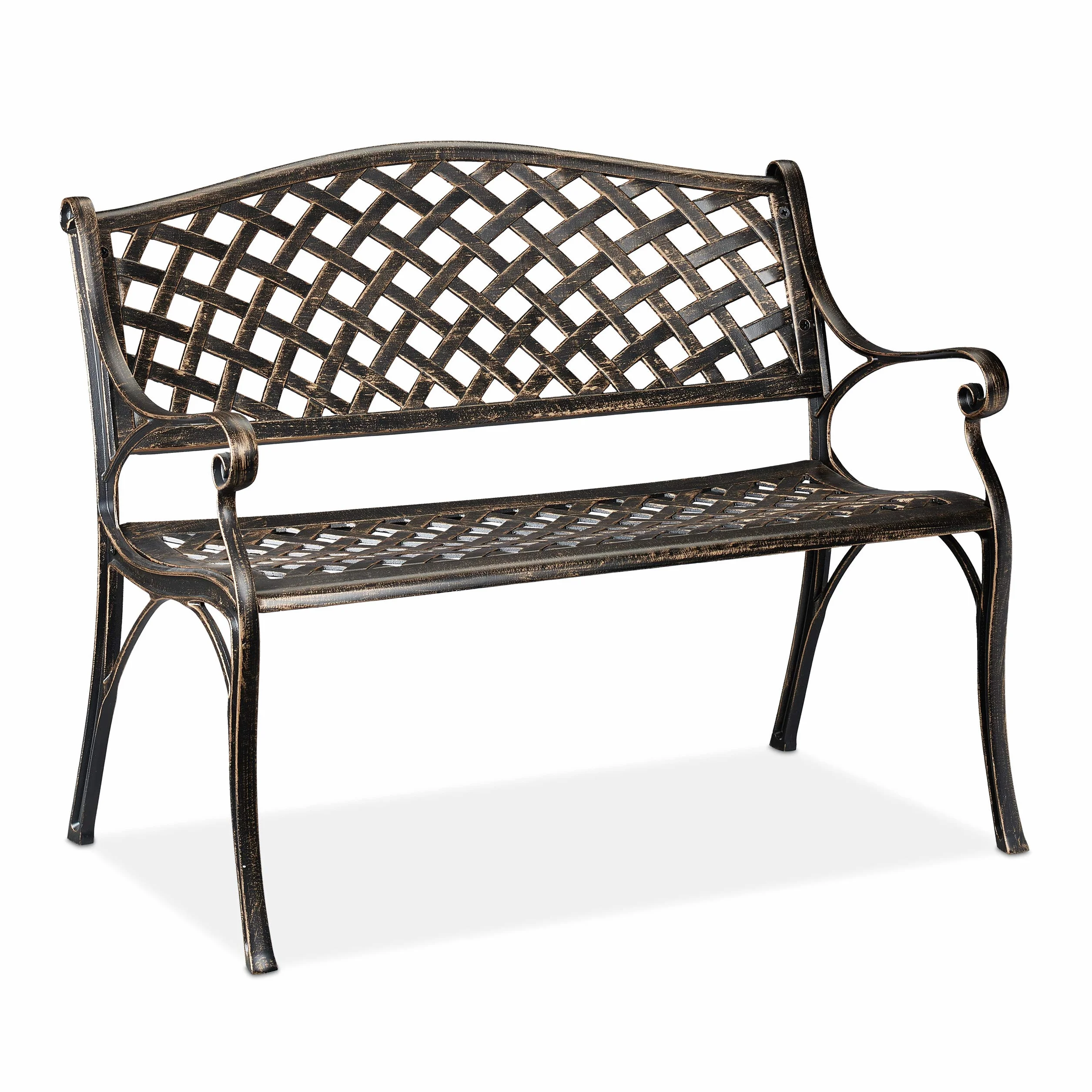 Relaxdays Ławka ogrodowa, do ogrodu i na balkon, 2-osobowa, antyczny design, aluminiowa ławka do siedzenia, wys. x gł.: 82 x 102 x 60 cm, czarno-brązowa