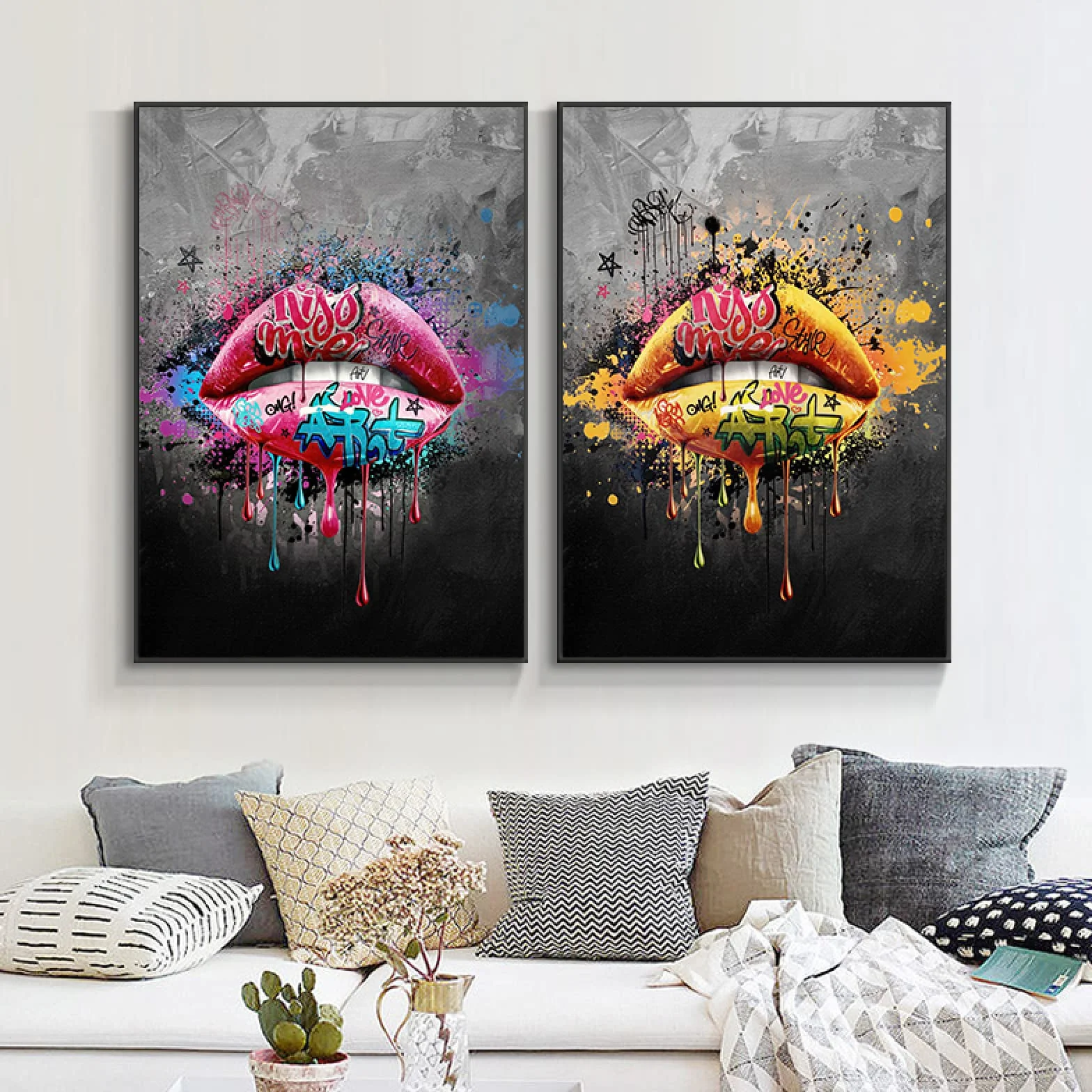 Pop Street graffiti sztuka dziewczyna usta obraz na płótnie sztuka ścienna plakaty wydruki obrazy ścienne do salonu sypialni domu dekoracja ścienna bez ramy 60 × 80 cm × 2 szt