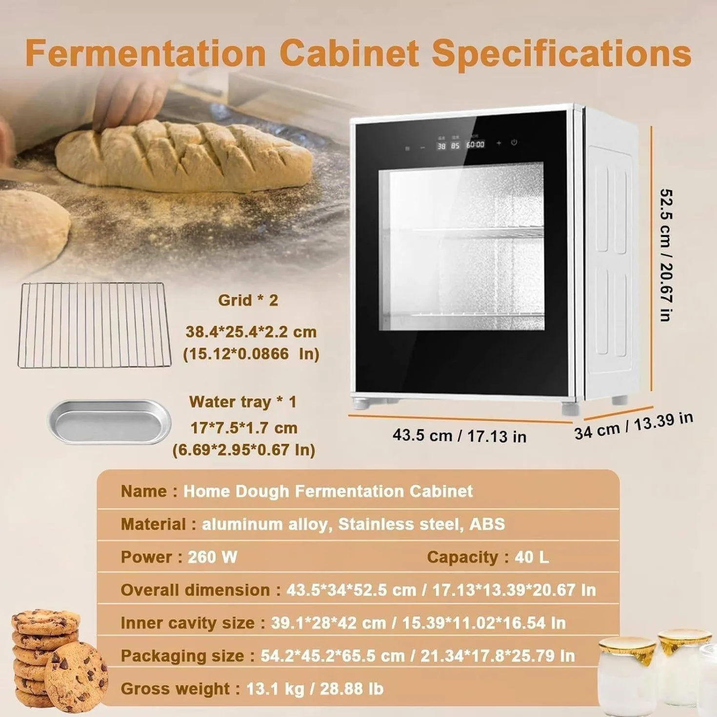 Szafka do fermentacji, 40 l, urządzenie do gotowania ciasta z regulacją temperatury, czasu i wilgotności powietrza dla równomiernej fermentacji – idealna do pieczenia w domu