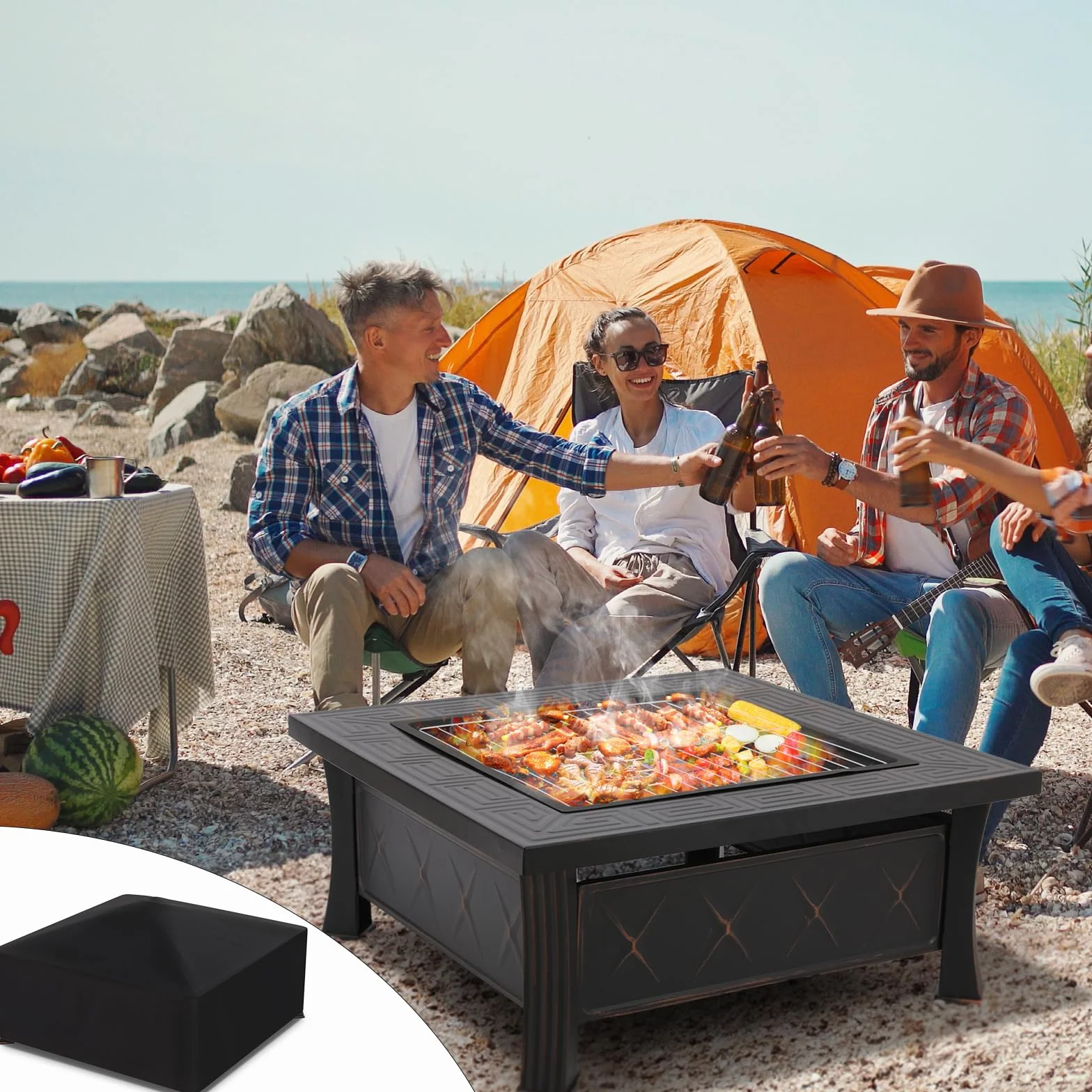 Palenisko do grillowania i ochrony przed iskrami, 3 w 1, kwadratowe z pokrywą, do ogrodu, BBQ, kempingu, ogrzewanie tarasu, 81x81x51 cm