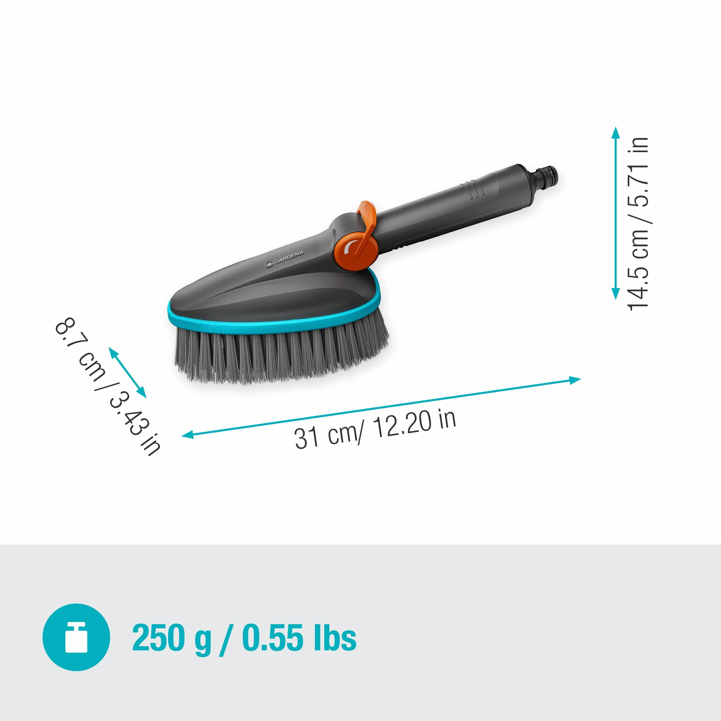Gardena Szczotka ręczna Cleansystem M soft: Szczotka do czyszczenia z przyłączem węża, do mniejszych i delikatnych powierzchni, praktyczna obsługa jedną ręką, z regulacją przepływu (18842-20)
