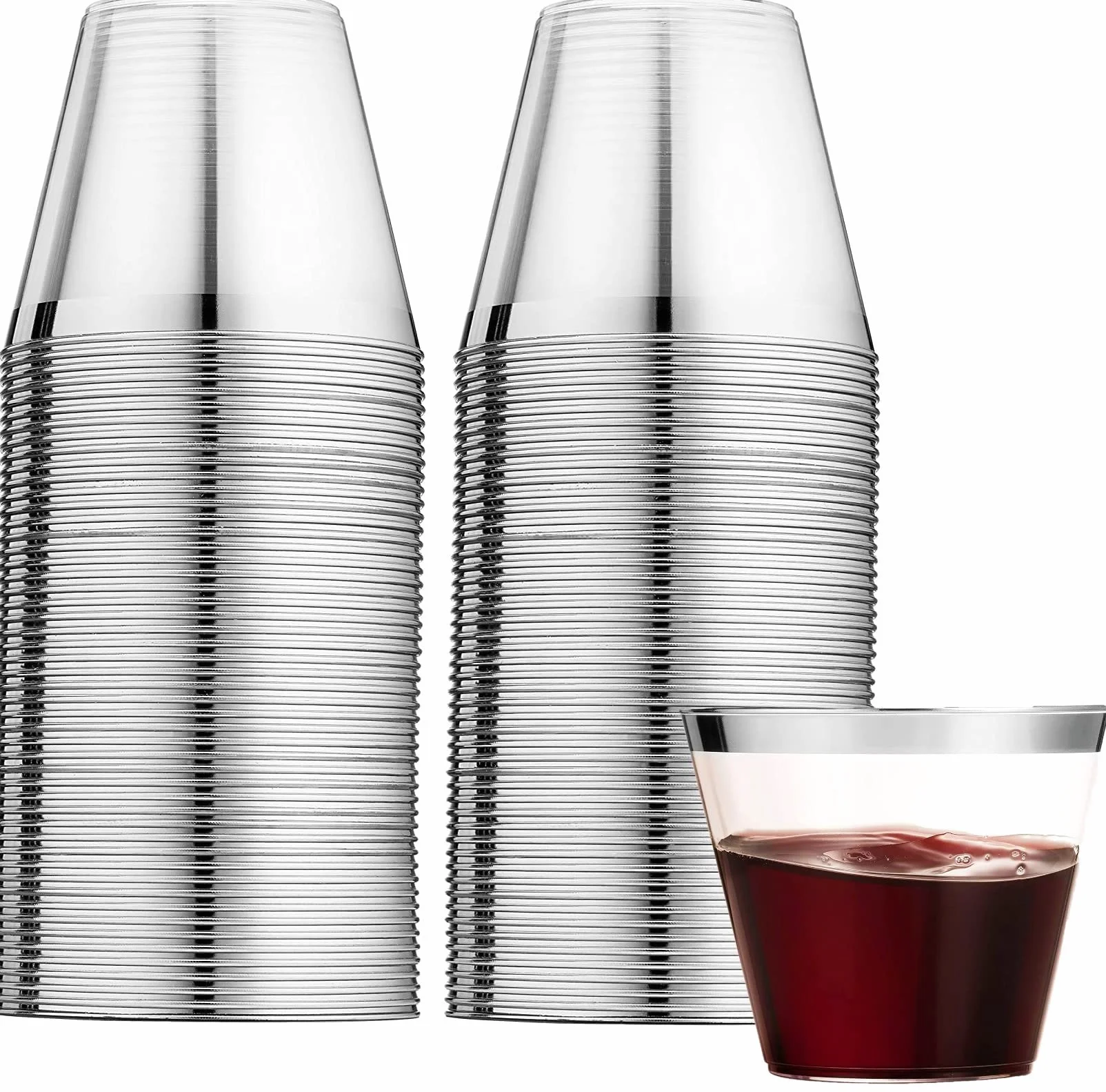 LATERN 60 szt. plastikowych kubków w srebrnych oprawkach, 270 ml, plastikowe kubki wielokrotnego użytku, eleganckie kieliszki do wina na imprezę, do szampana, piwa, koktajli, Martini, deseru sodowego