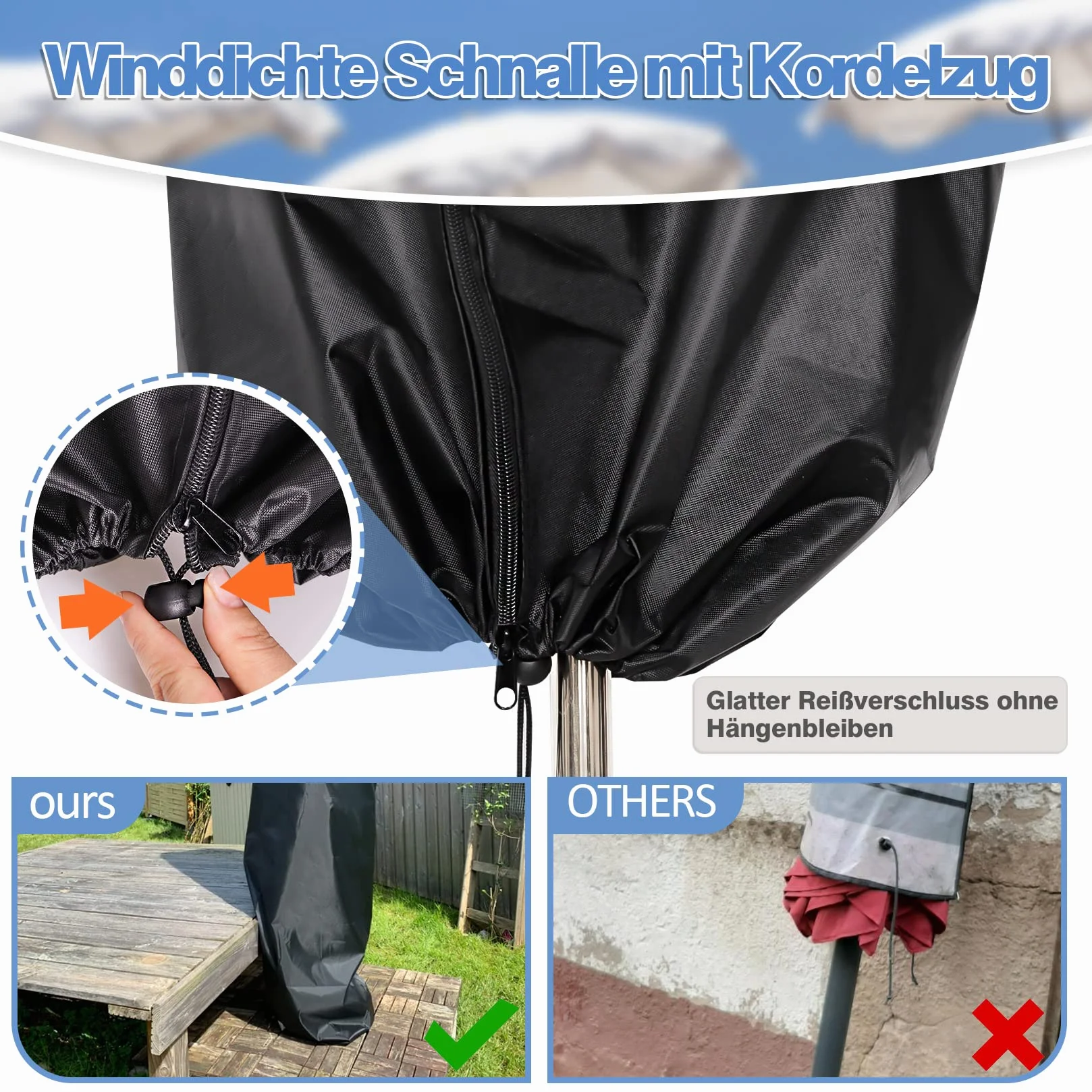 Pokrowiec ochronny na parasol przeciwsłoneczny, pokrowiec ochronny na 2 m – 4 m, 420D, z prętem, Ø 200 cm, Ø 300 cm, Ø 400 cm (265 x 40/ 70/ 50 cm)