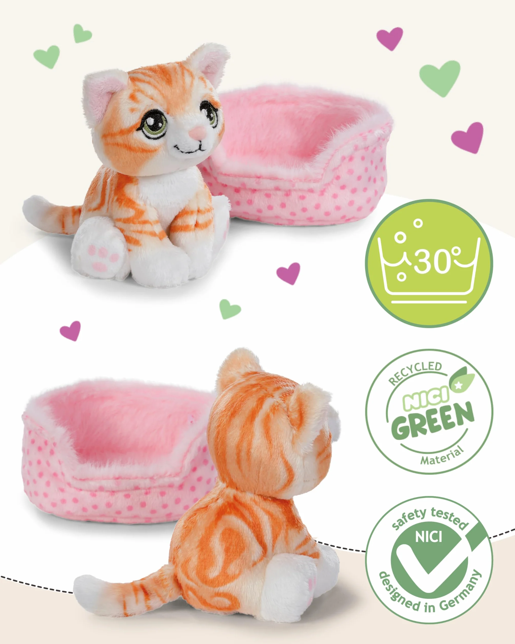 NICI 61941 Kot w rude pręgi w koszyczku, miękki pluszak, urocza maskotka do przytulania i zabawy, świetny pomysł na prezent dla dzieci i dorosłych, 12 cm, czerwony