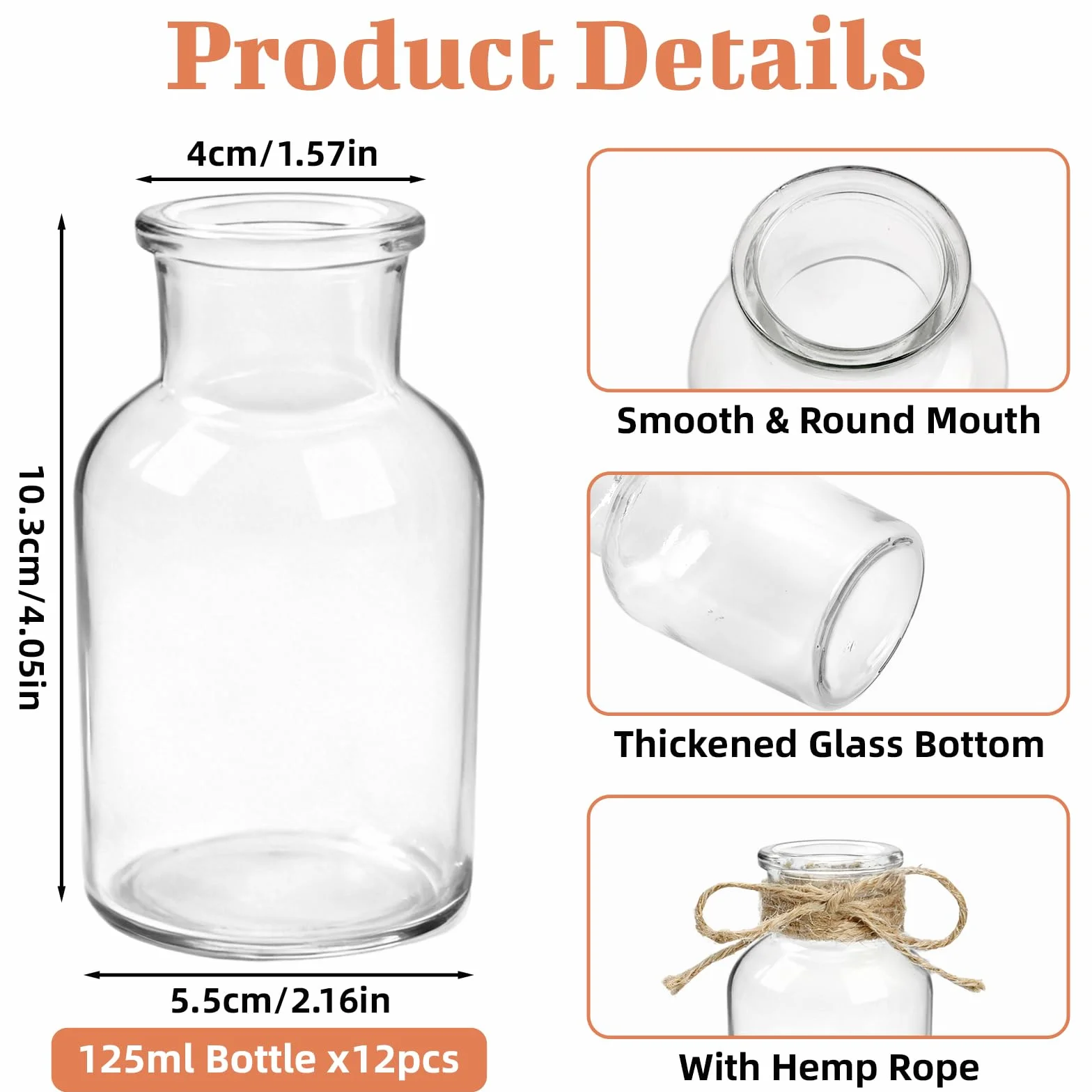 12 małych szklanych wazonów 125ml z 5m sznurka jutowego, mini wazoniki na stół, dekoracja stołu, wesele, urodziny, święta, wysokość 10,5 cm, zmywarka
