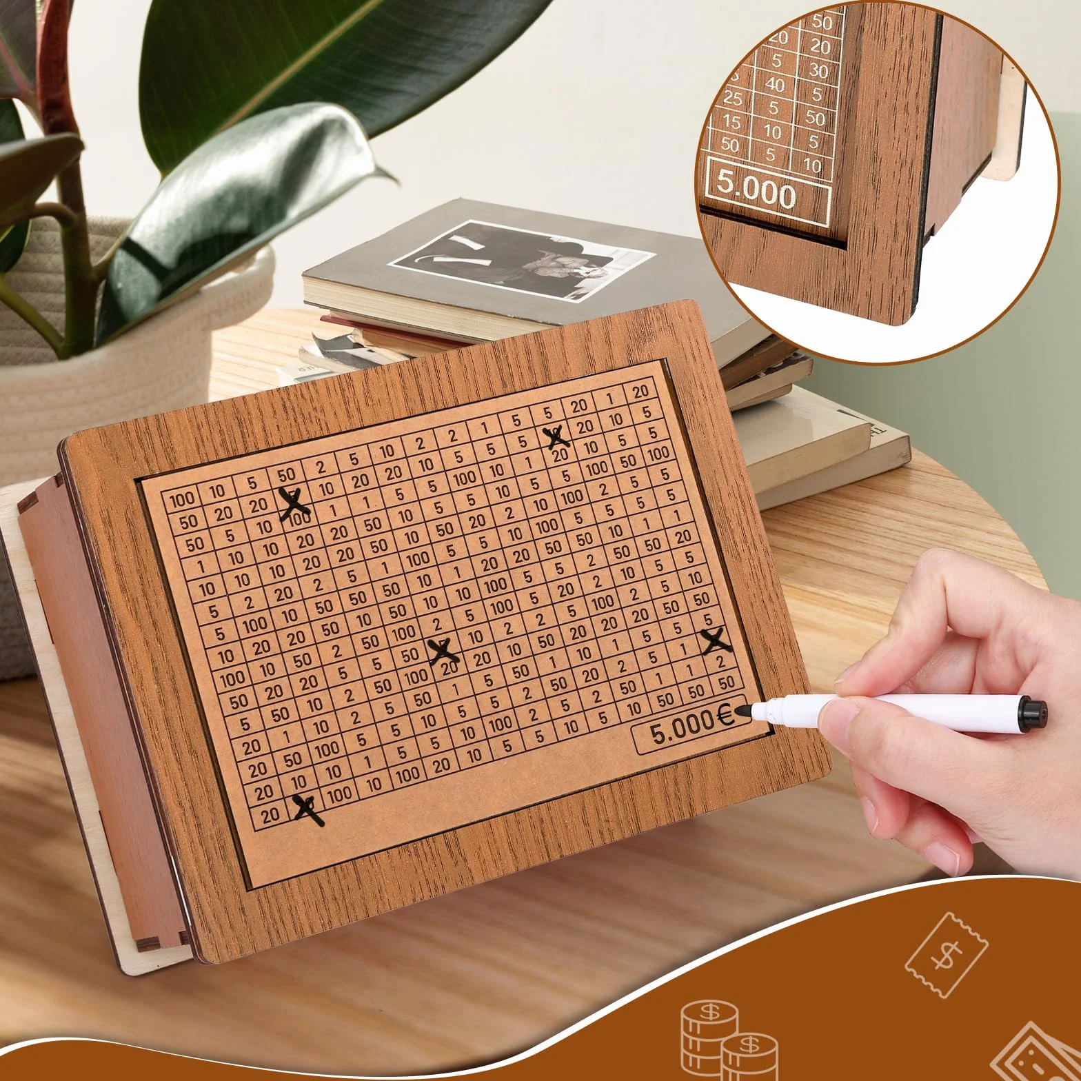 GWHOLE Skarbonka z drewna 5000 € cel retro skarbonka pudełko do przechowywania, pudełko do przechowywania z liczbami, krzyżykiem, świnka skarbonka Fortune Box wielokrotnego użytku, z celem