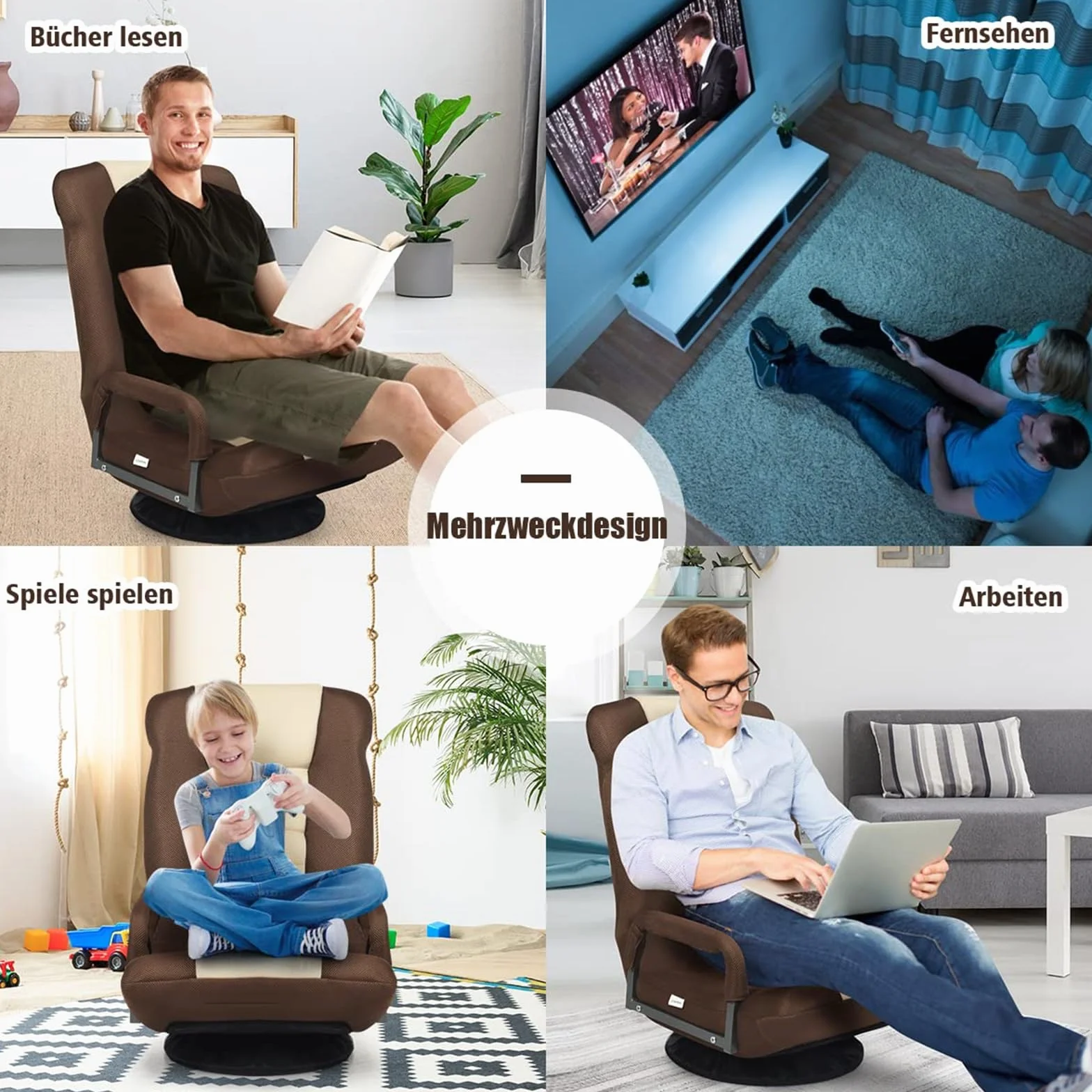 COSTWAY Krzesło podłogowe obracane o 360°, fotel podłogowy z 6-stopniową regulacją oparcia, tapicerowany fotel gamingowy, sofa podłogowa, krzesło do medytacji, nośność do 140 kg, Lazy Sofa (brązowe)